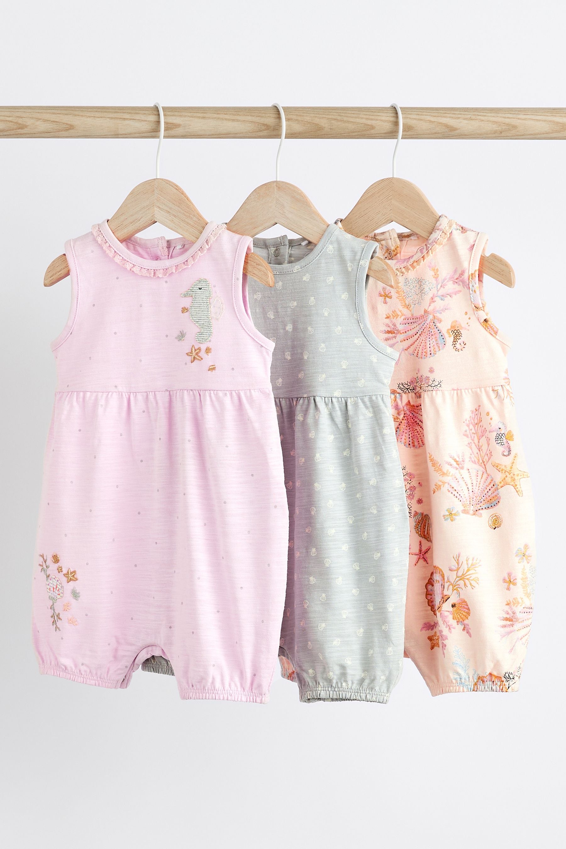 Grey Seashell Print Baby Vest Rompers 3 Pack