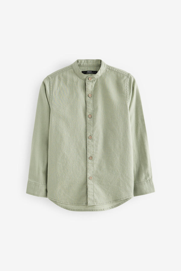 Green Grandad Collar Linen Mix Long Sleeve Shirt (3-16yrs)