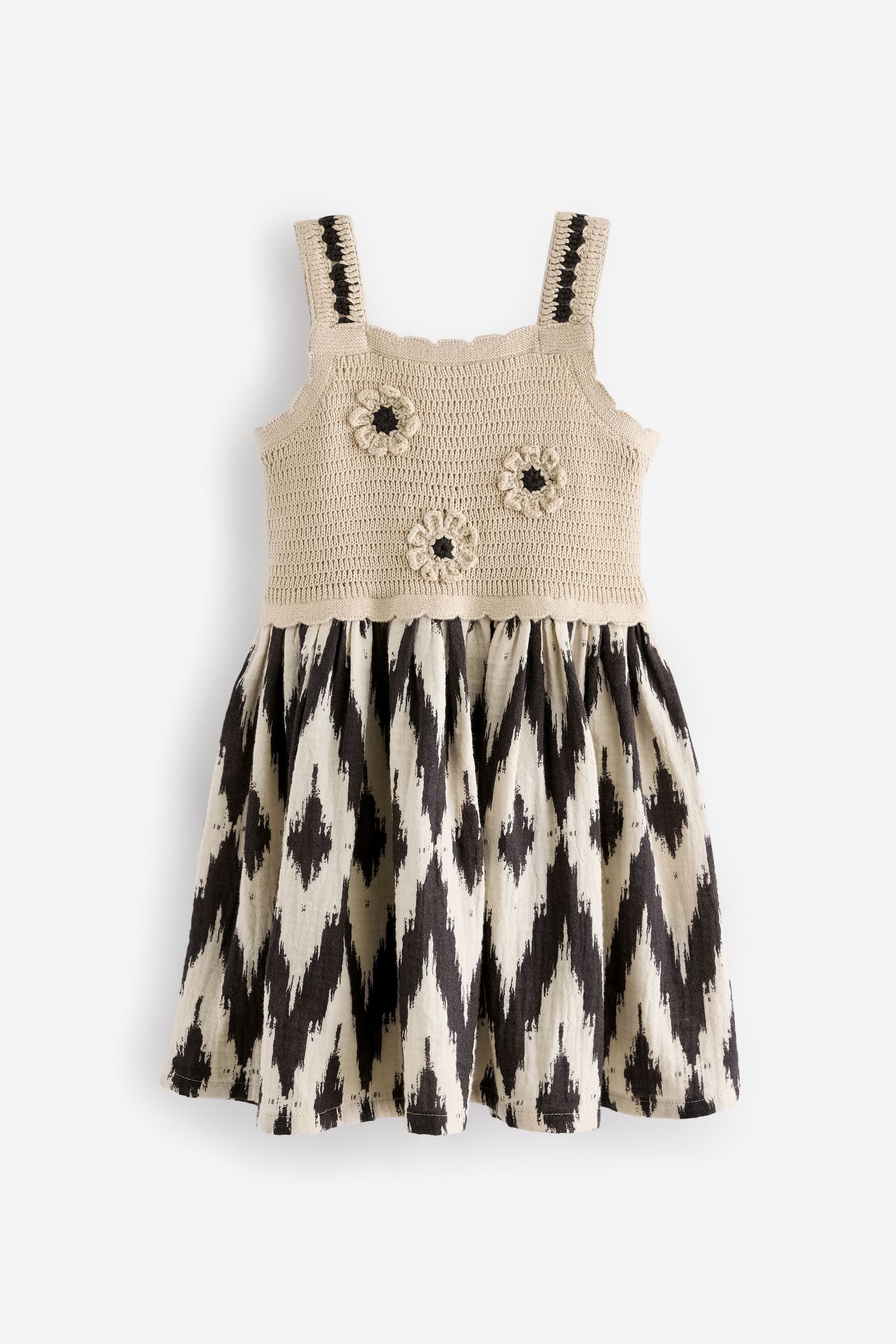 Black/White 100% Cotton Crochet Mono Dress (3mths-7yrs)