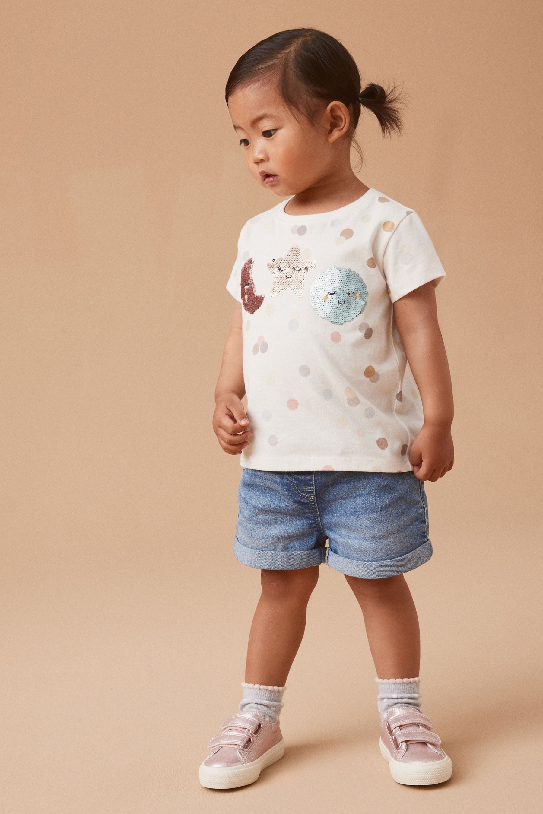 Cream Moon and Stars Short Sleeve Sequin T-Shirt (3mths-7yrs)