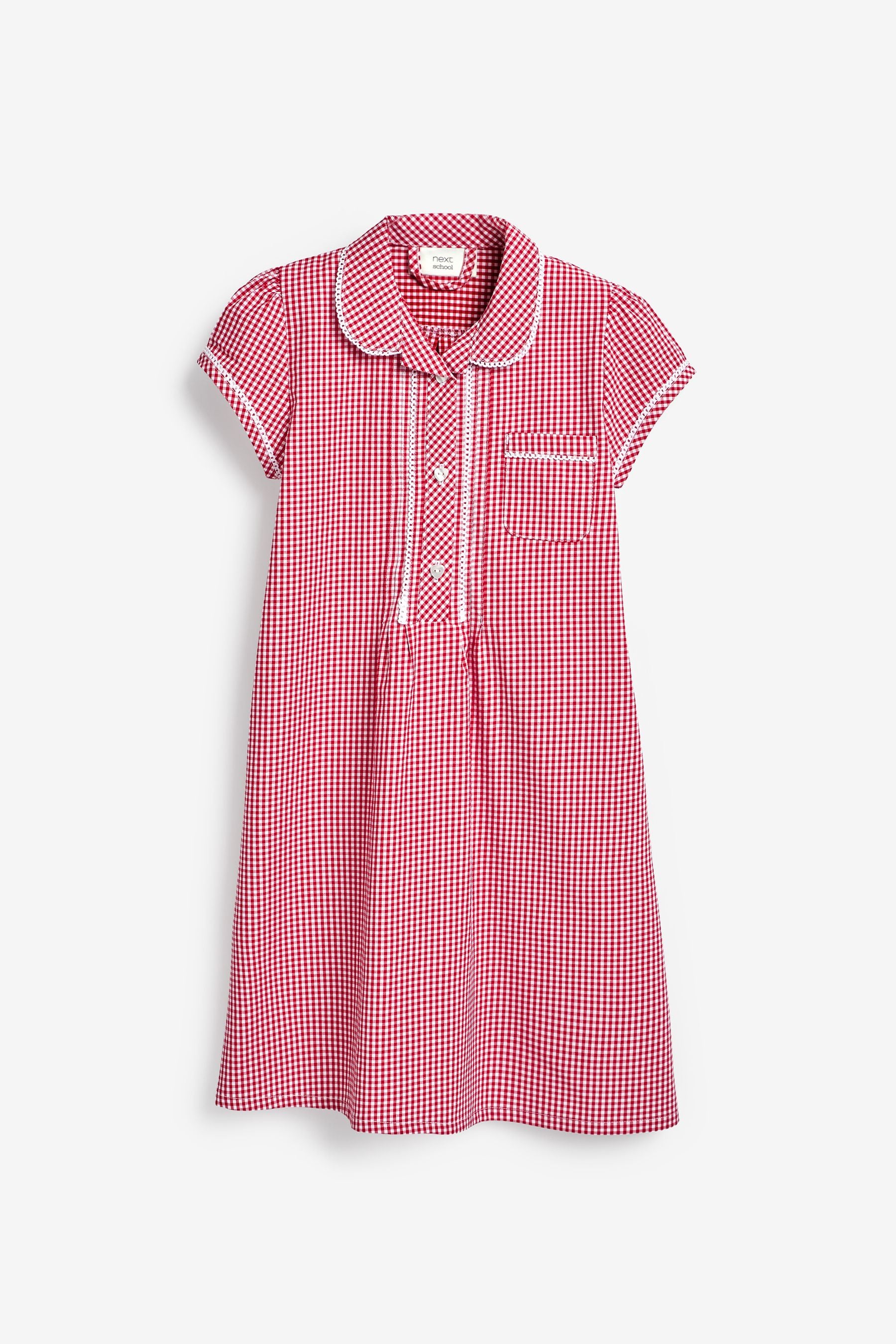 Red Cotton Rich Button Front Lace Gingham School Dress (3-14yrs)