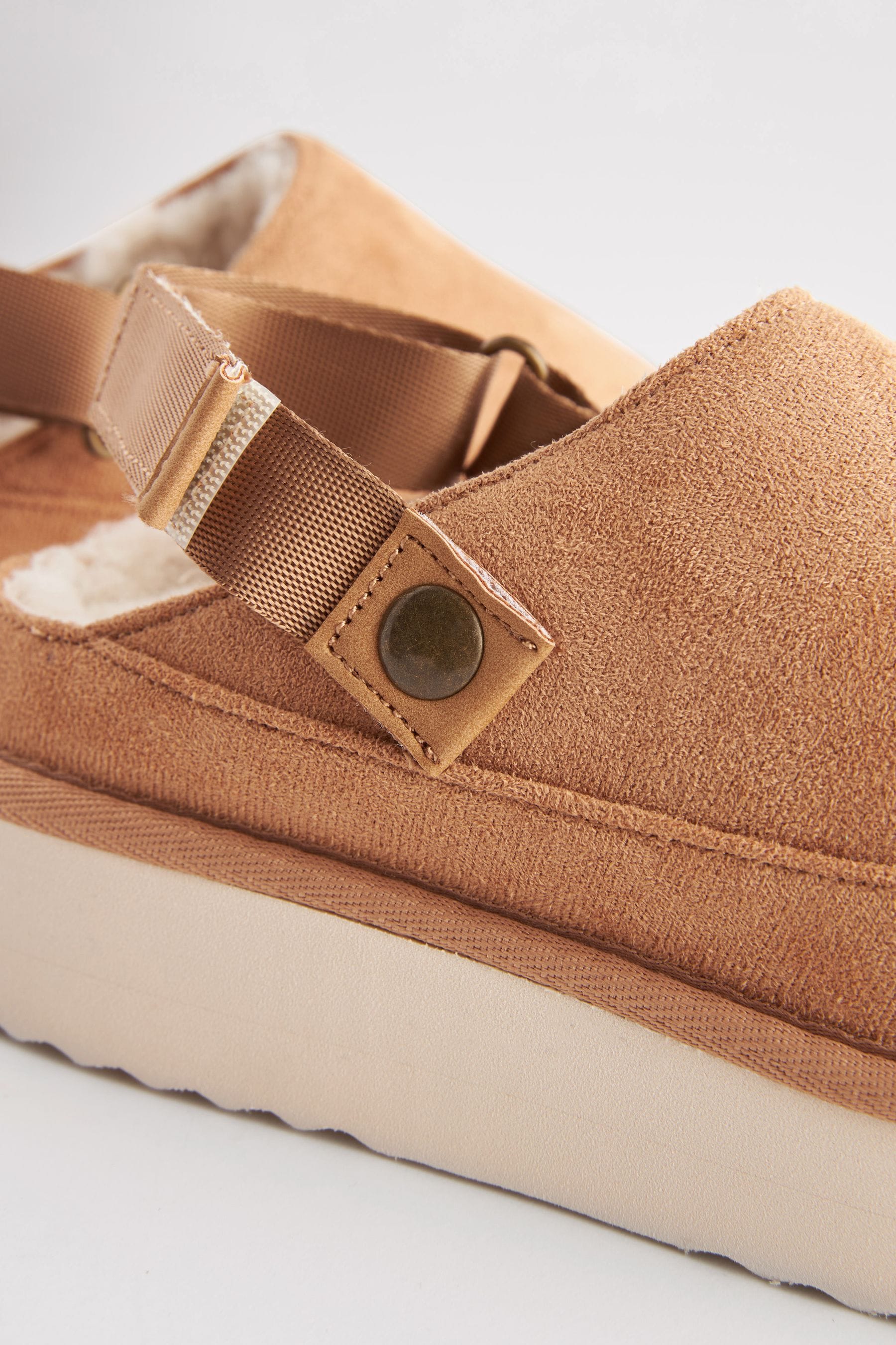 Tan Brown Faux Fur Lined Platform Ankle Strap Slippers