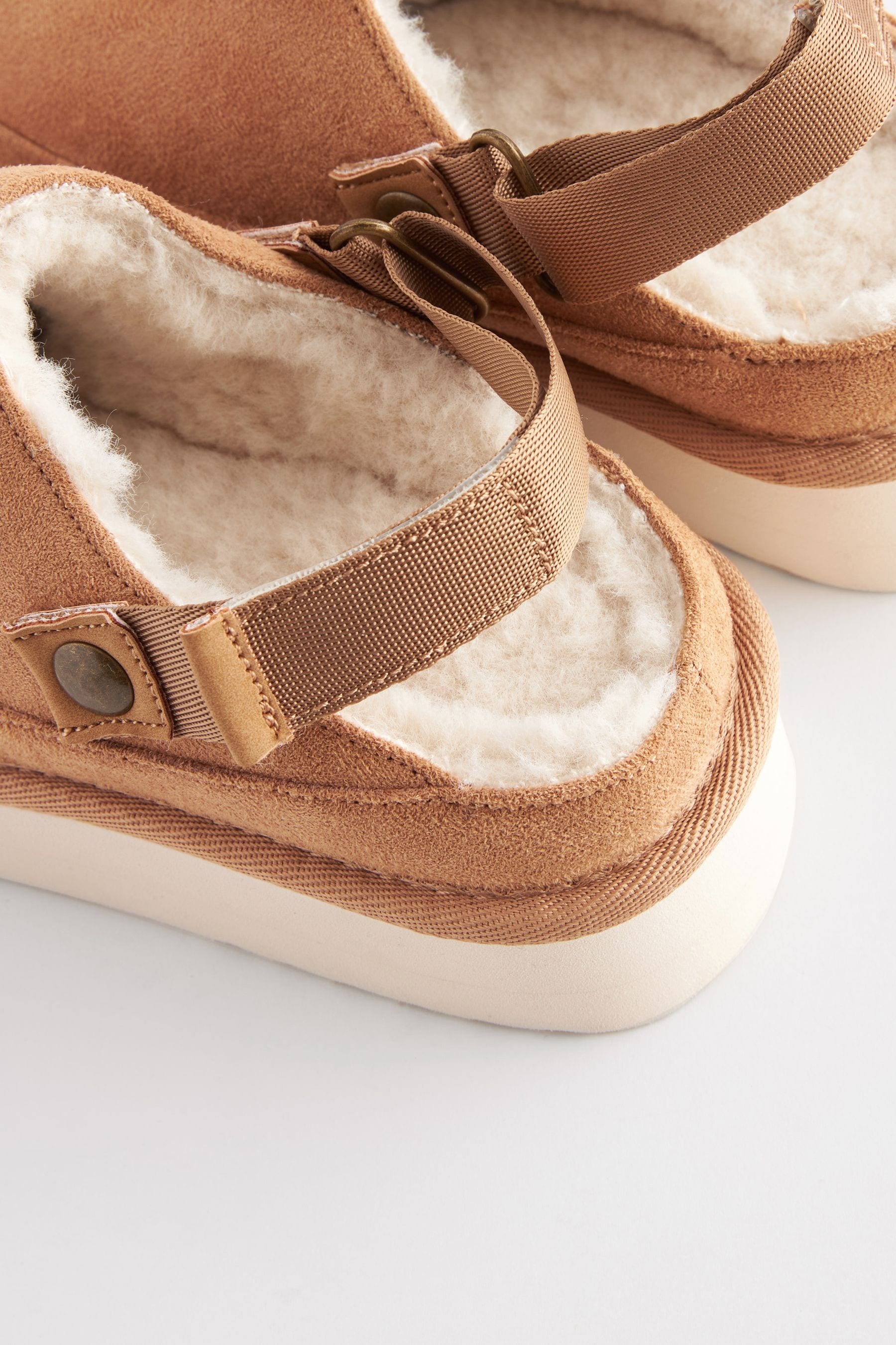 Tan Brown Faux Fur Lined Platform Ankle Strap Slippers