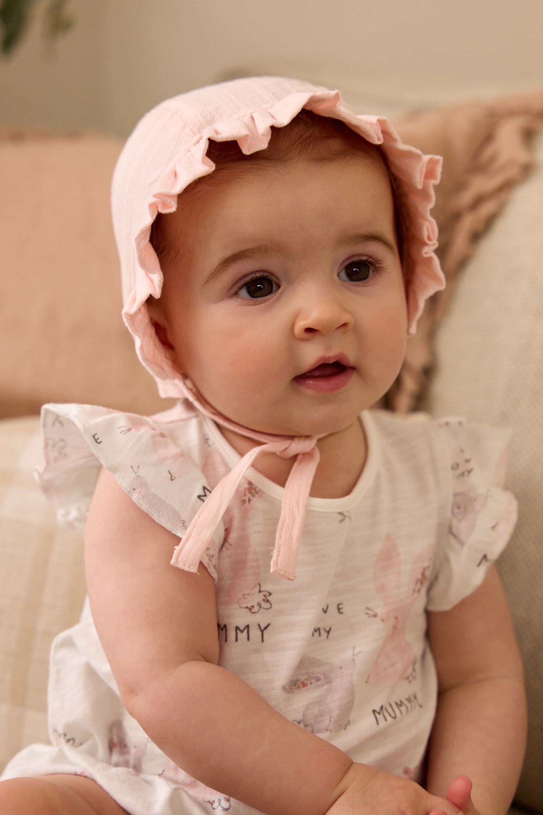 Pink Frill Woven Baby Bonnet Hat (0mths-2yrs)