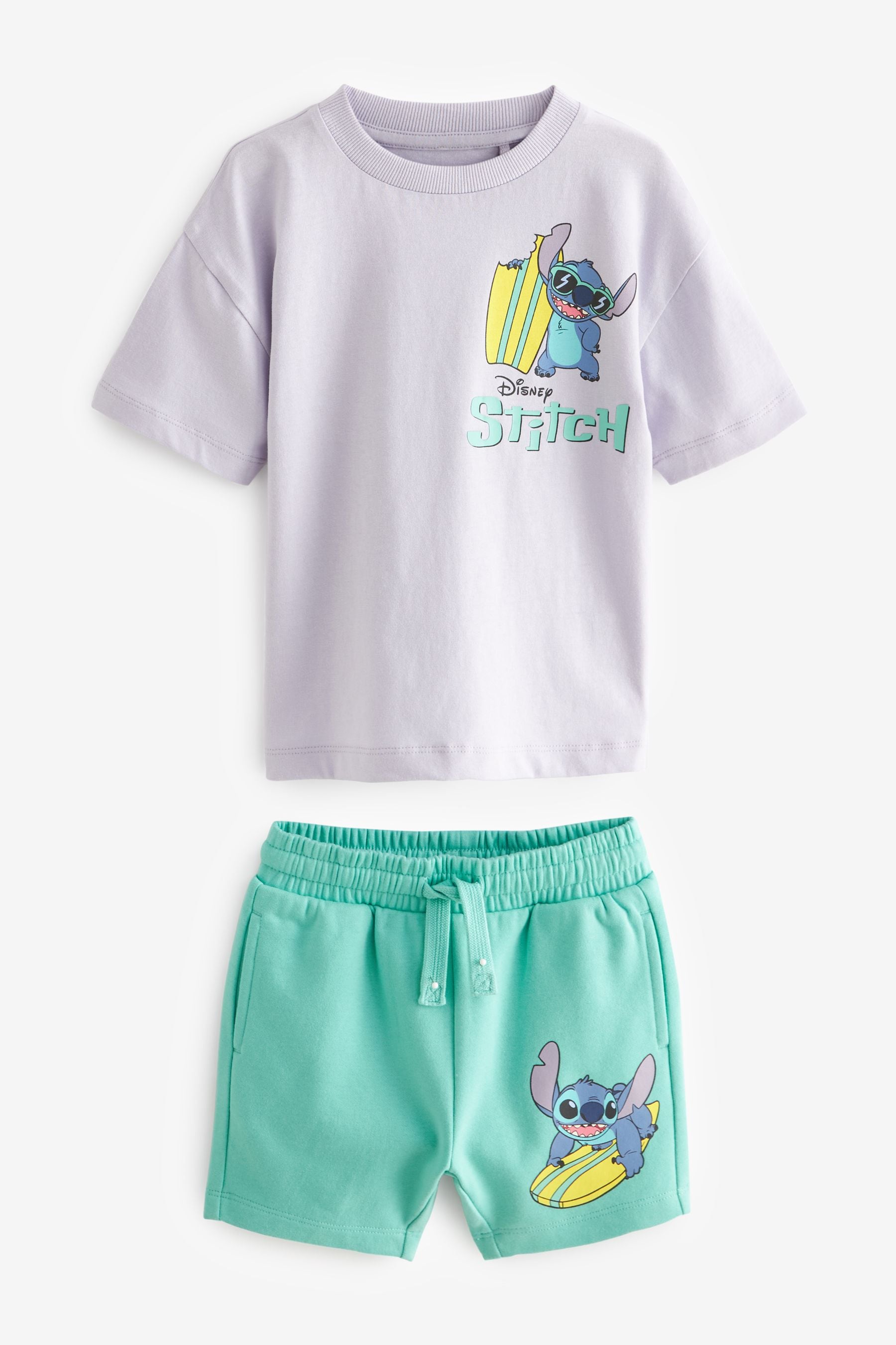 Lilac Purple/Green Lilo & Stitch Short Sleeve 100% Cotton T-Shirt and Shorts Set (3mths-8yrs)