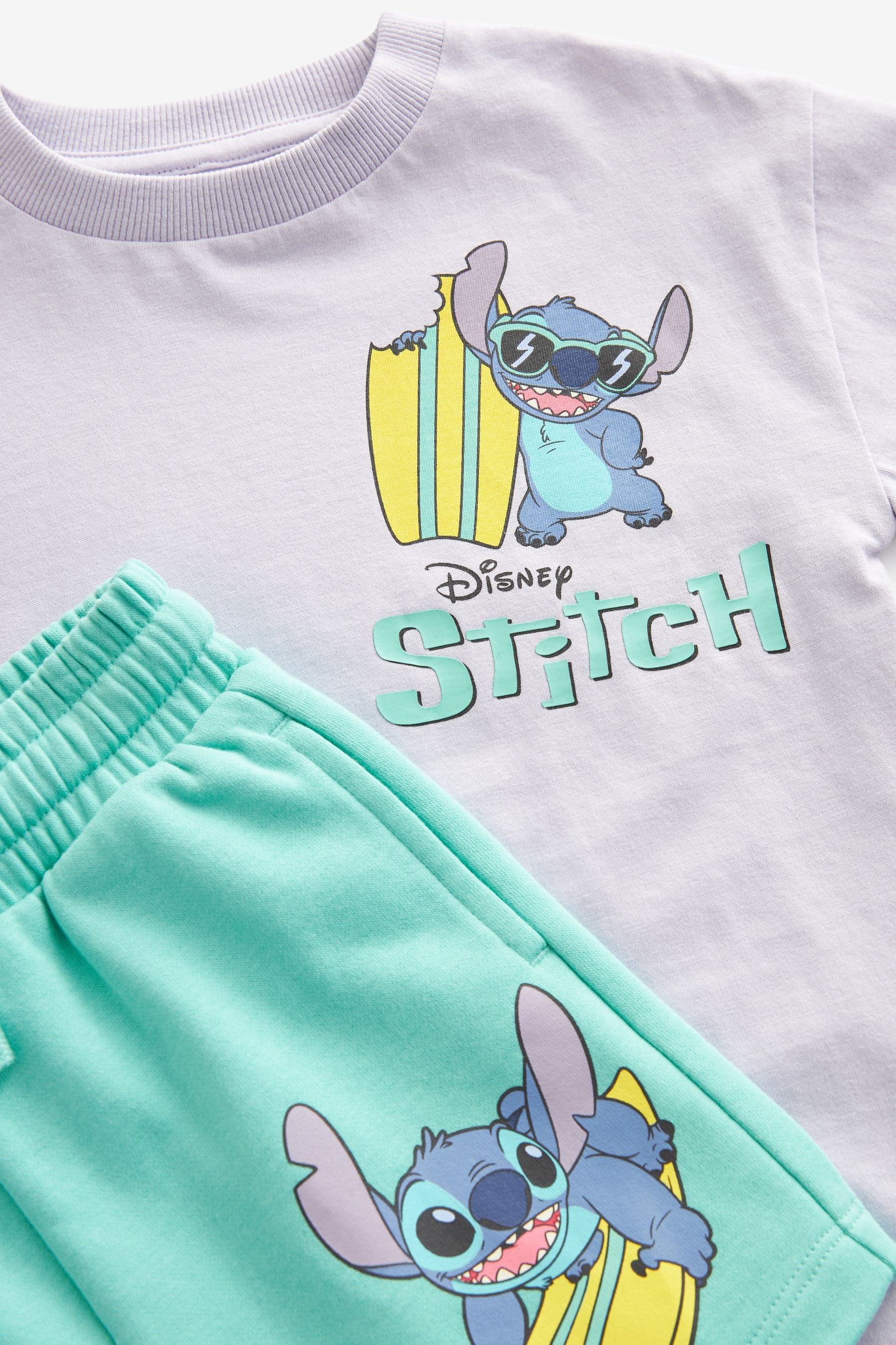 Lilac Purple/Green Lilo & Stitch Short Sleeve 100% Cotton T-Shirt and Shorts Set (3mths-8yrs)