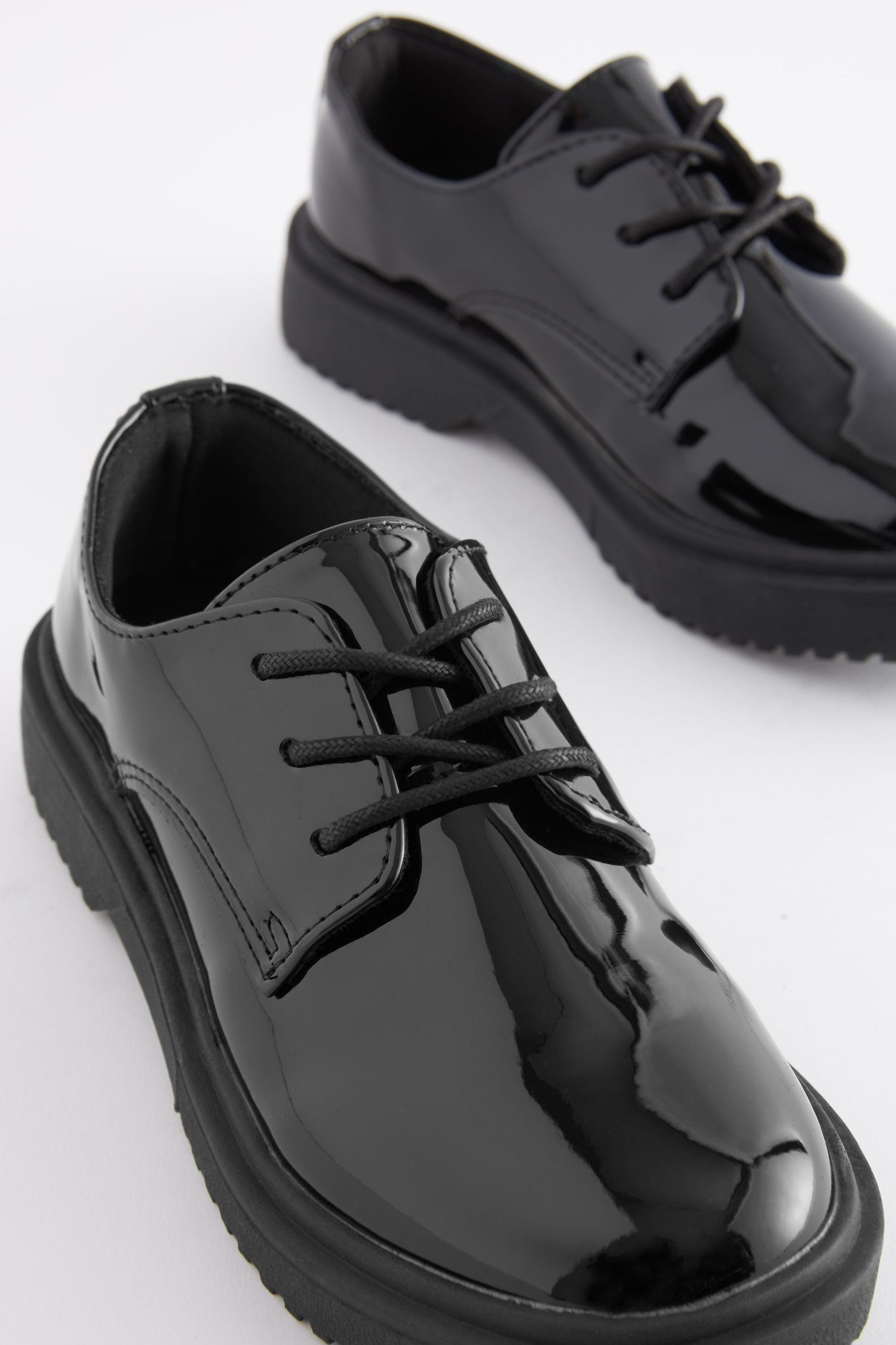 Black Patent Wide Fit (G) School Chunky Lace-Up Shoes