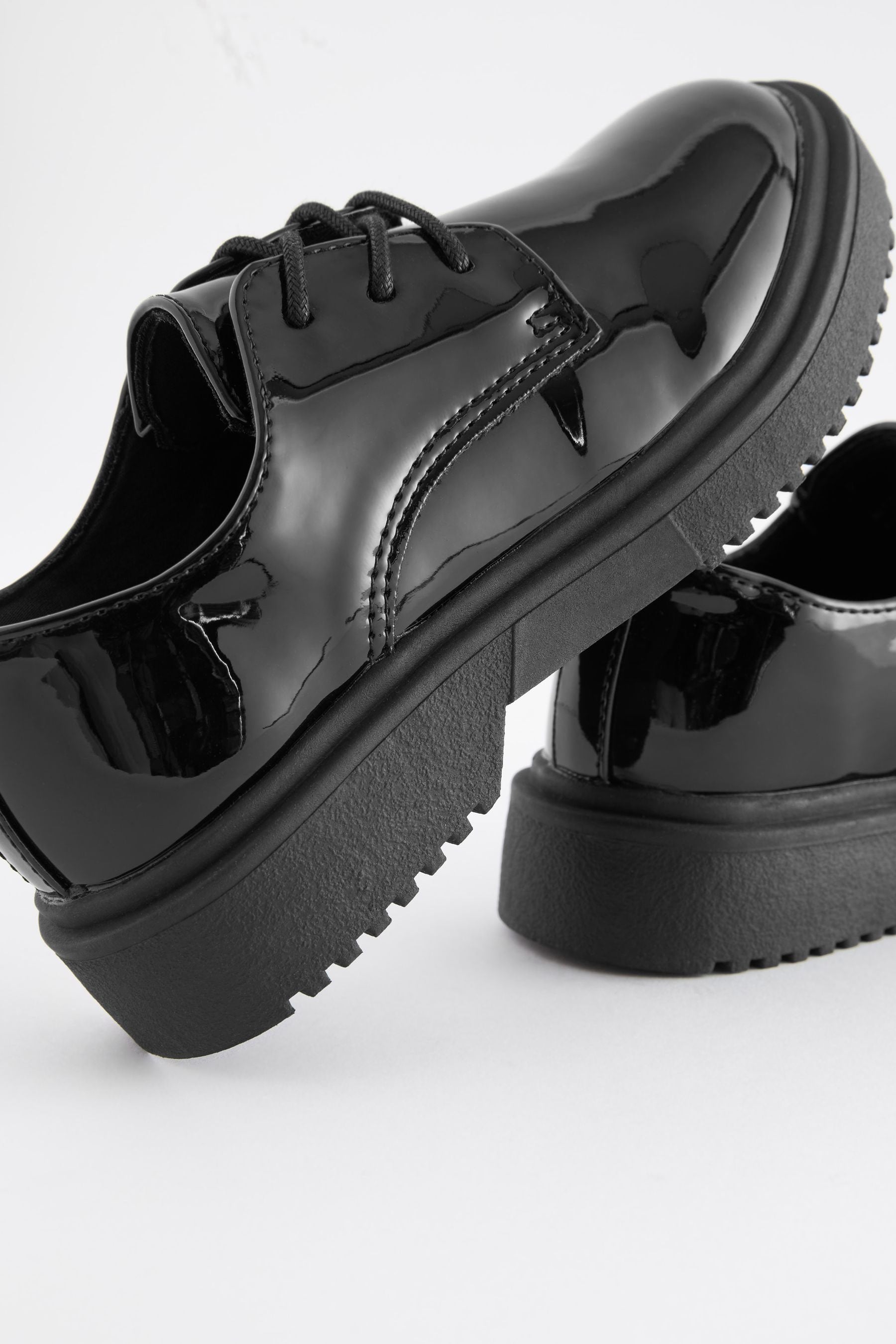 Black Patent Wide Fit (G) School Chunky Lace-Up Shoes