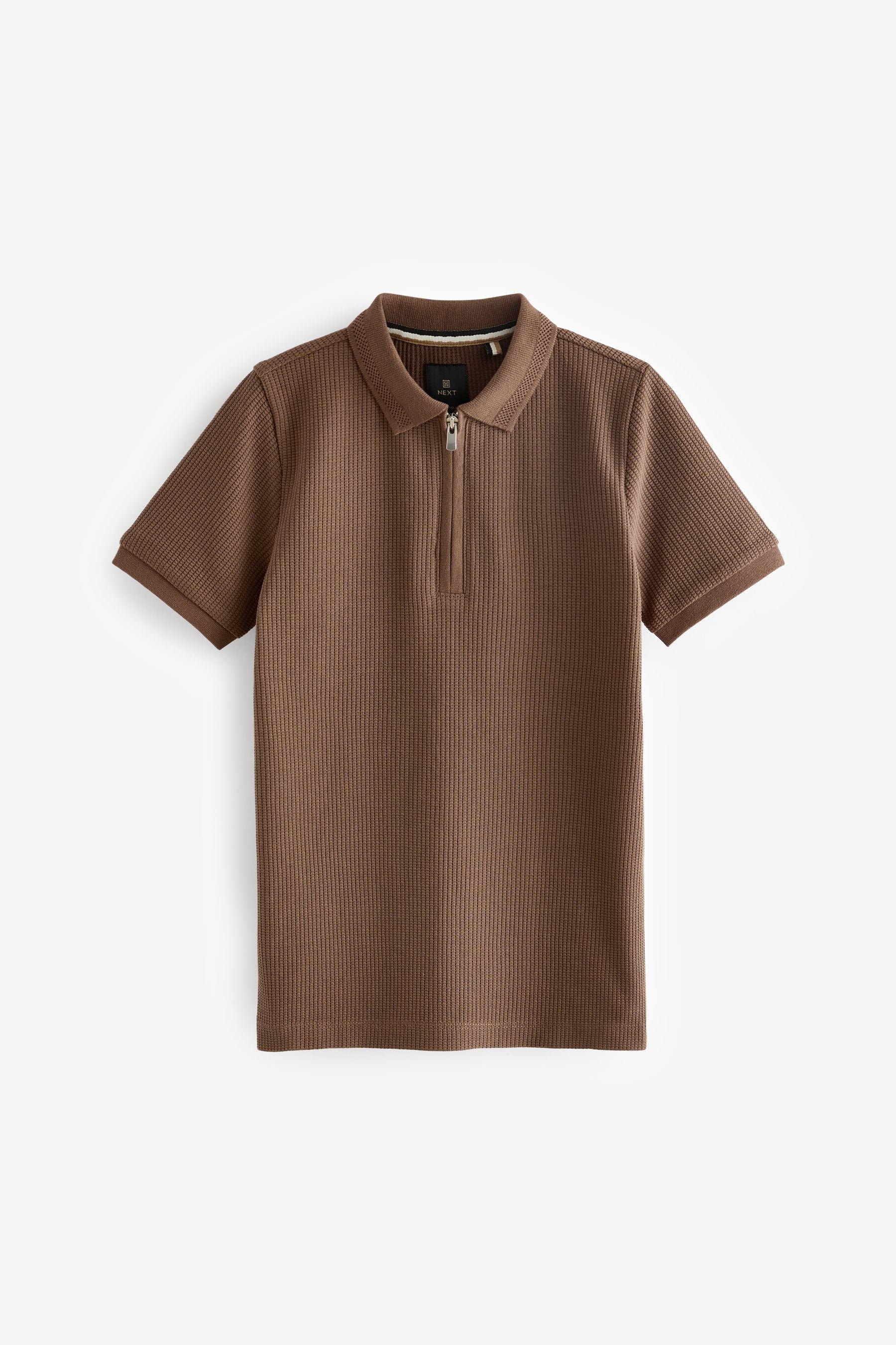 Brown Short Sleeve Zip Neck Textured Polo Shirt (3-16yrs)