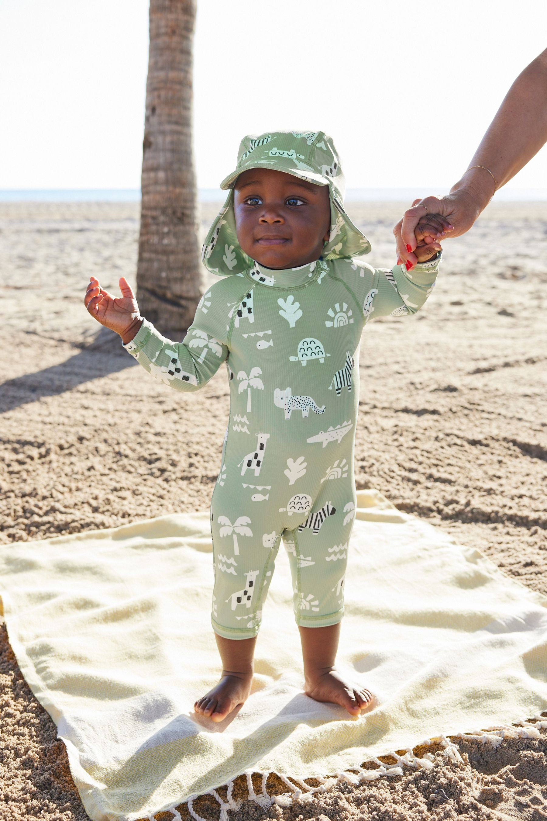 Sage Green Popper fastening Sunsafe Swimsuit & Hat 2 Piece Set (3mths-7yrs)