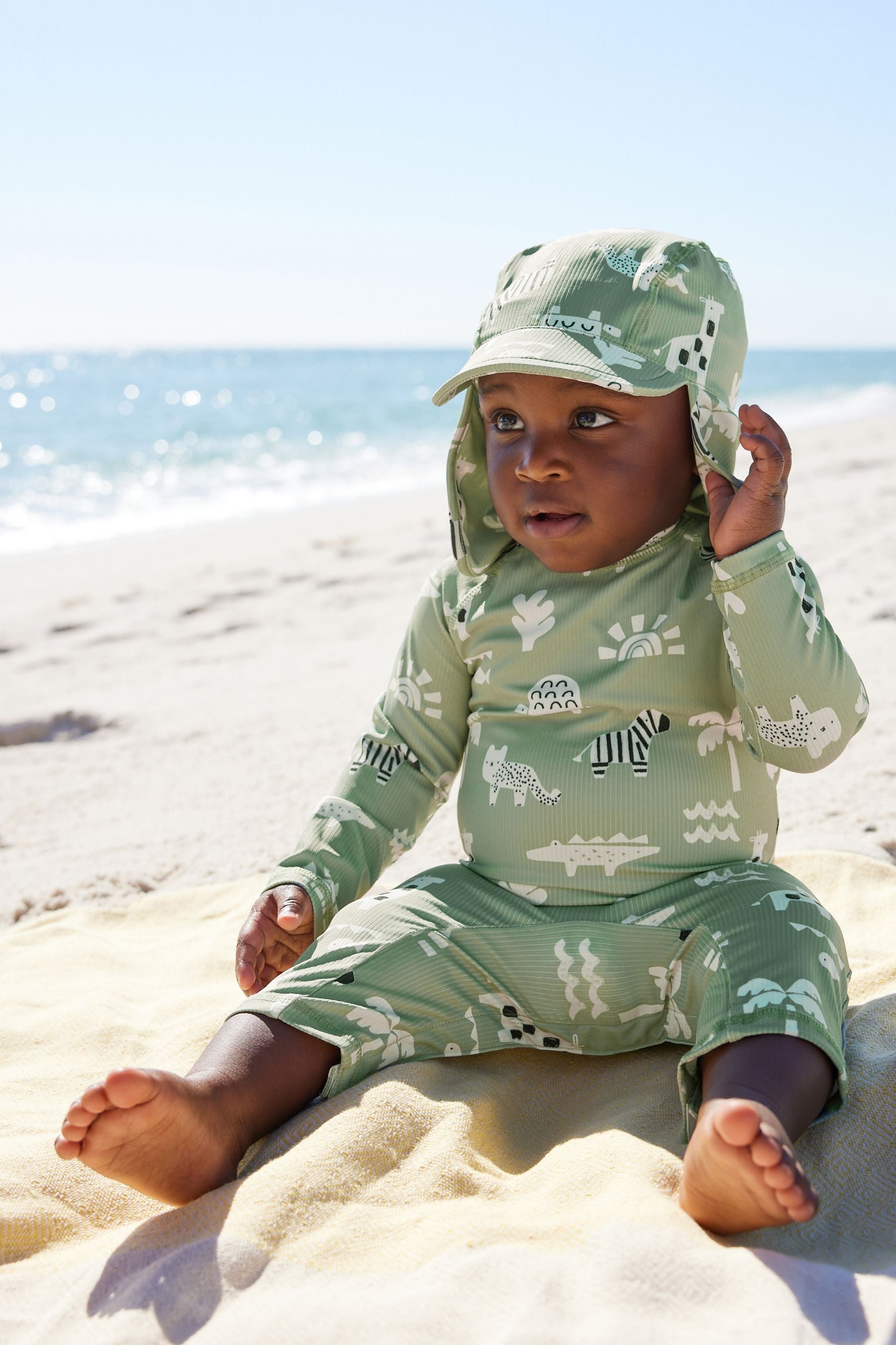 Sage Green Popper fastening Sunsafe Swimsuit & Hat 2 Piece Set (3mths-7yrs)