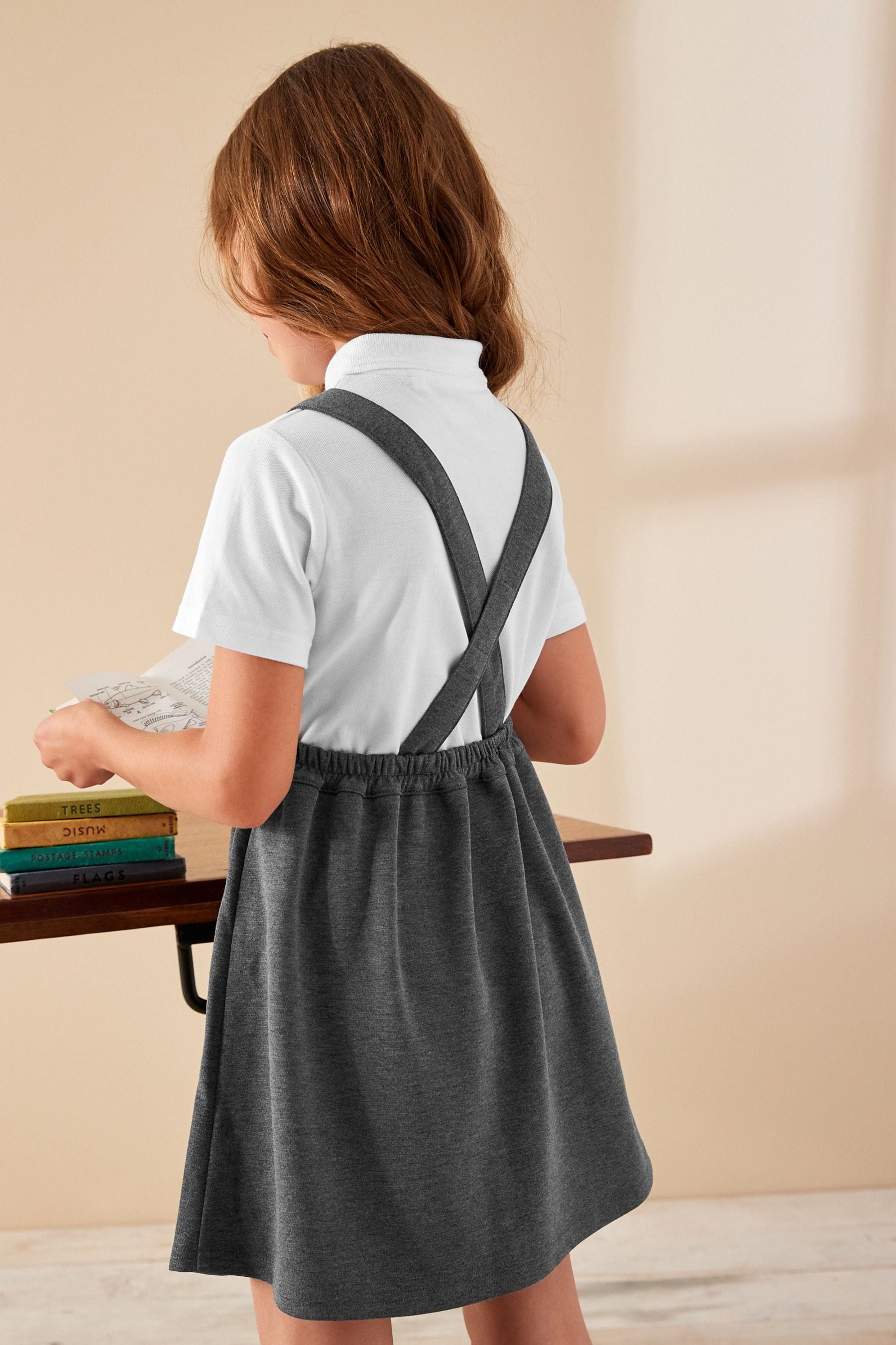 Grey Jersey Stretch Frill Detail School Pinafore (3-14yrs)