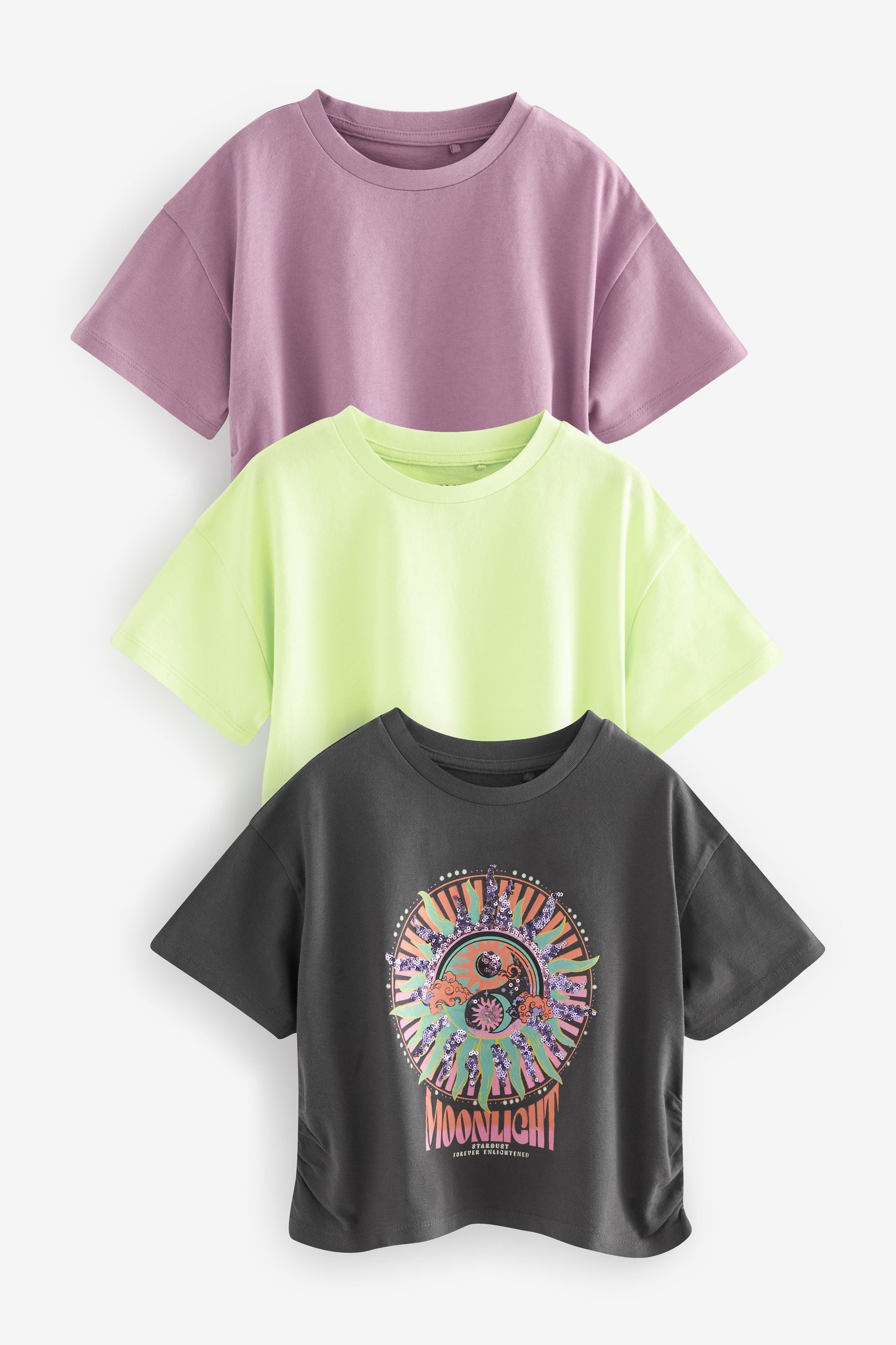 Grey/Purple/Green 3 Pack Sequin Celestial Ruche Side T-Shirts (3-16yrs)