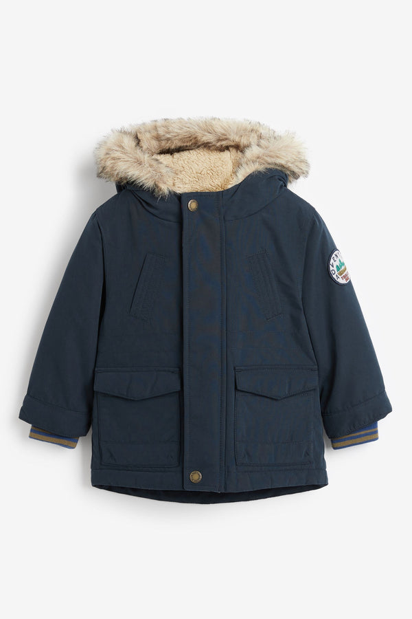 Navy Blue Shower Resistant Faux Fur Parka Coat (3mths-7yrs)