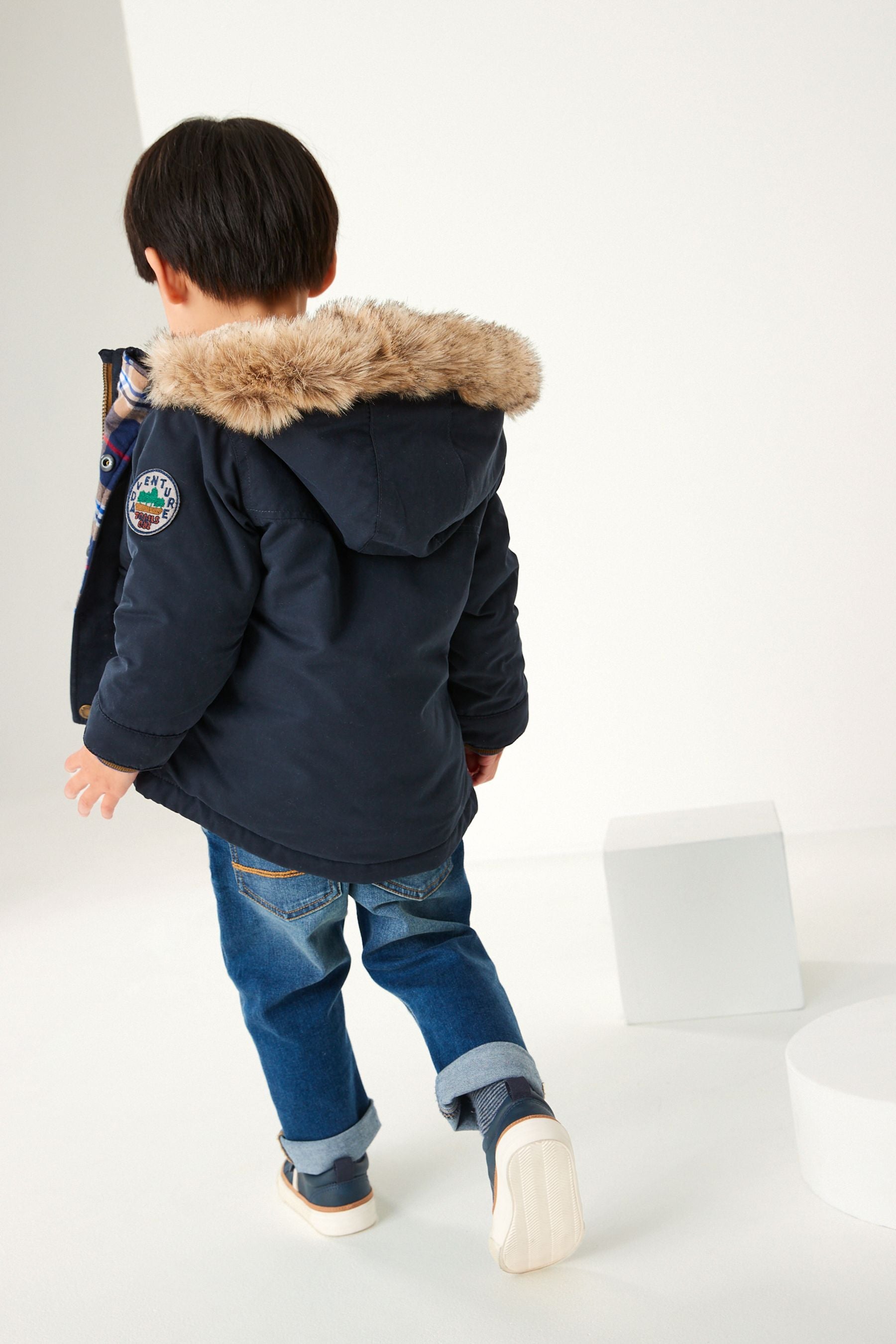 Navy Blue Shower Resistant Faux Fur Parka Coat (3mths-7yrs)