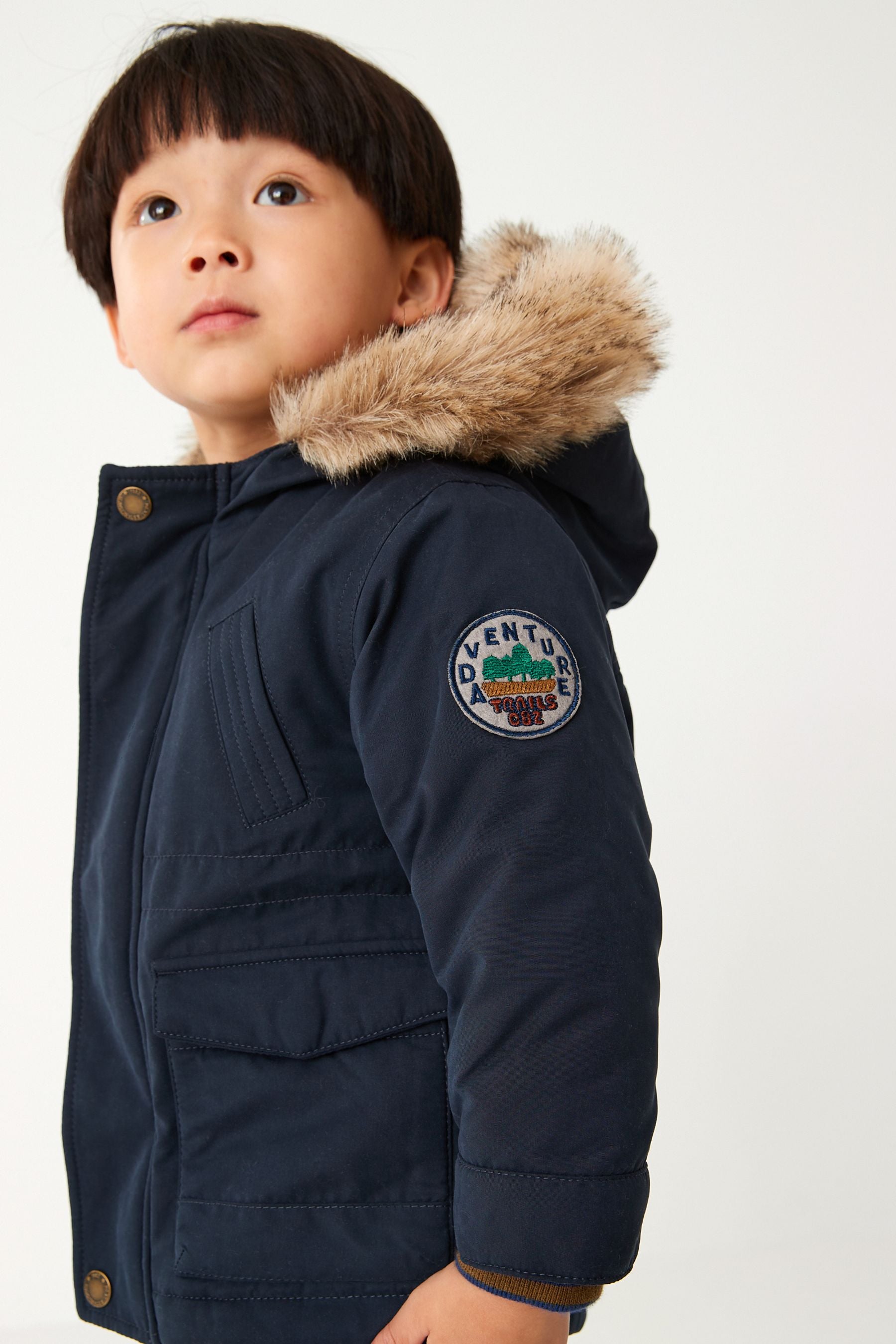 Navy Blue Shower Resistant Faux Fur Parka Coat (3mths-7yrs)