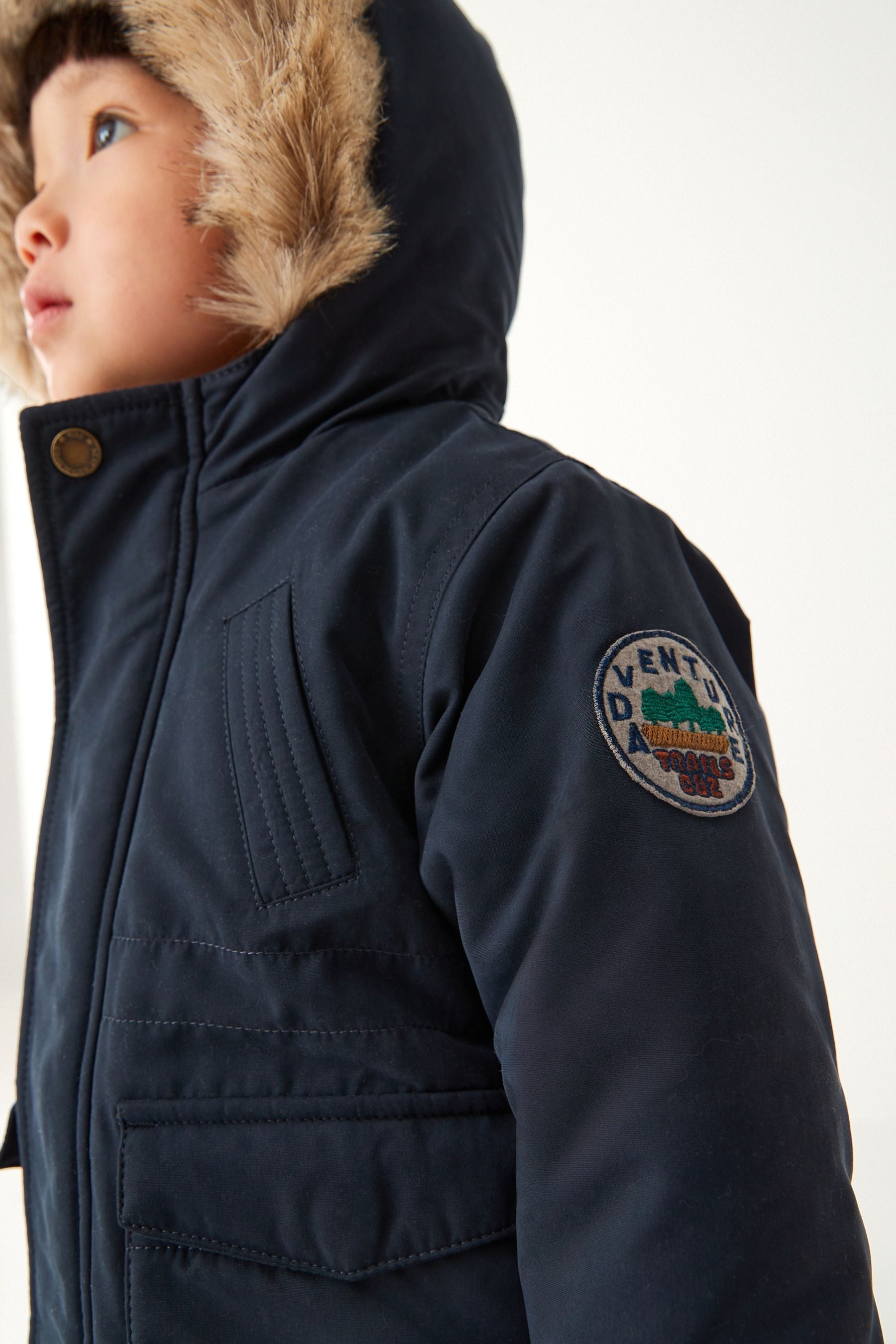 Navy Blue Shower Resistant Faux Fur Parka Coat (3mths-7yrs)