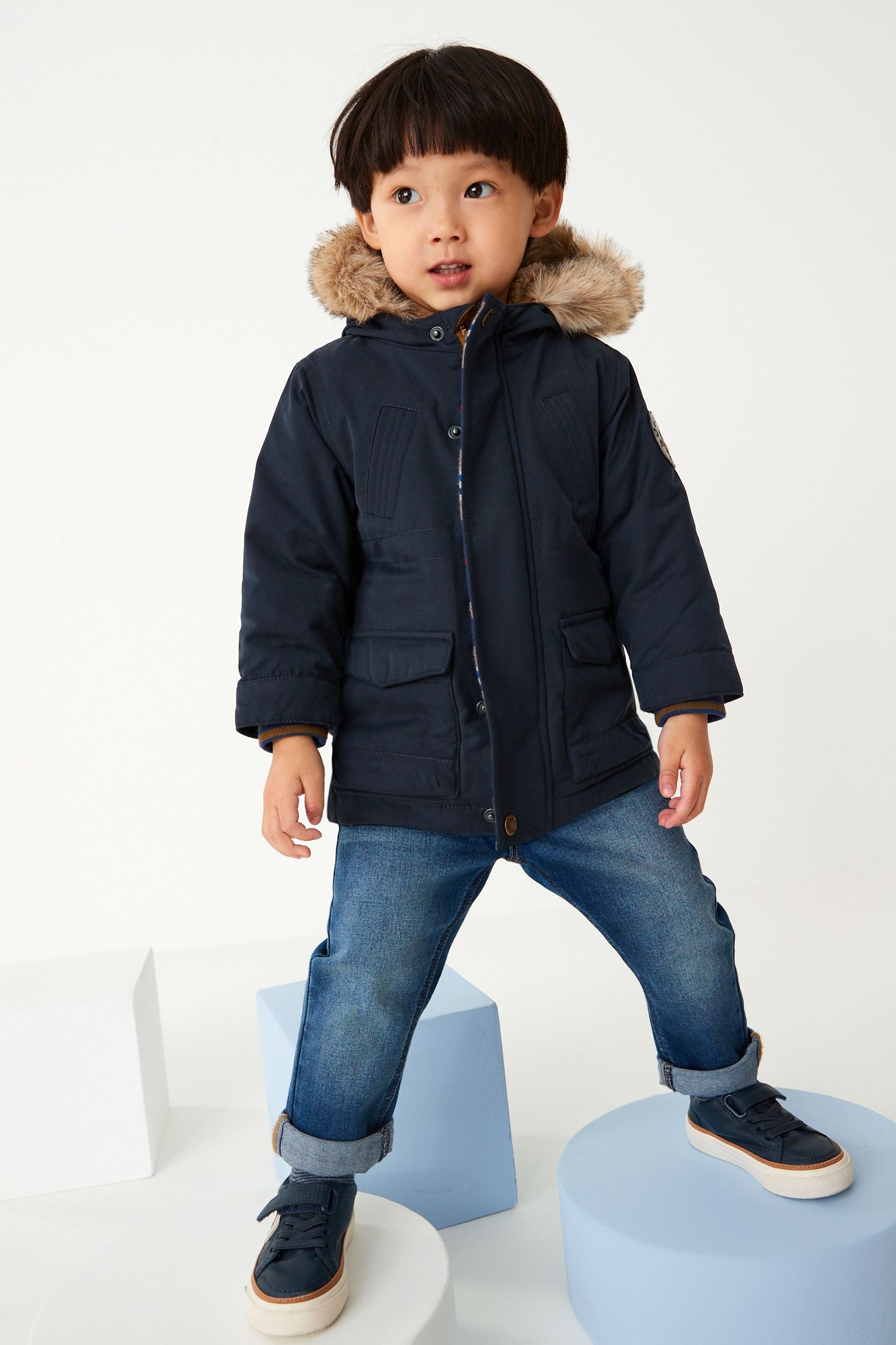 Navy Blue Shower Resistant Faux Fur Parka Coat (3mths-7yrs)