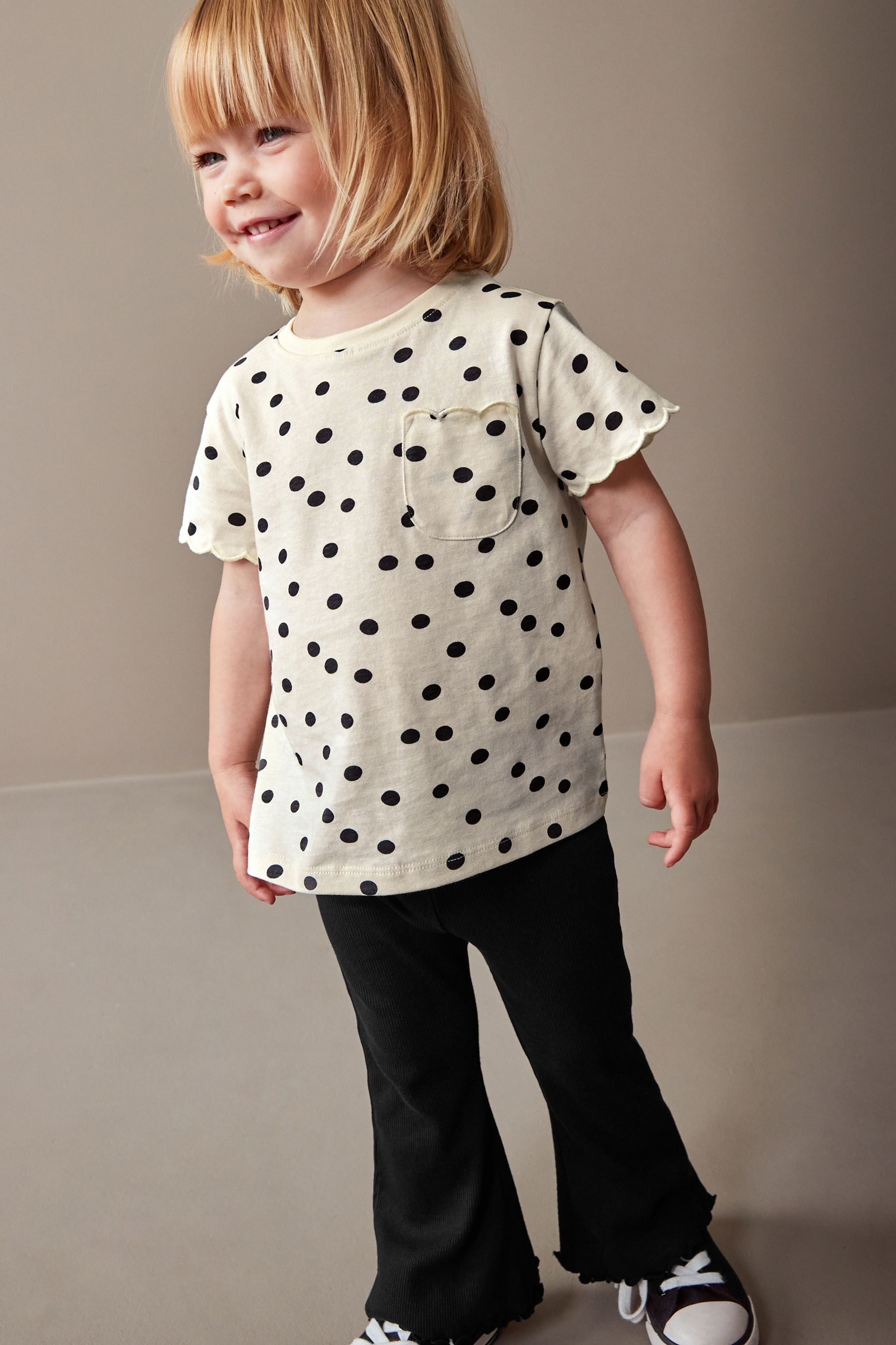 White Polka Dots Short Sleeve Scallop 100% Cotton T-Shirt (3mths-7yrs)