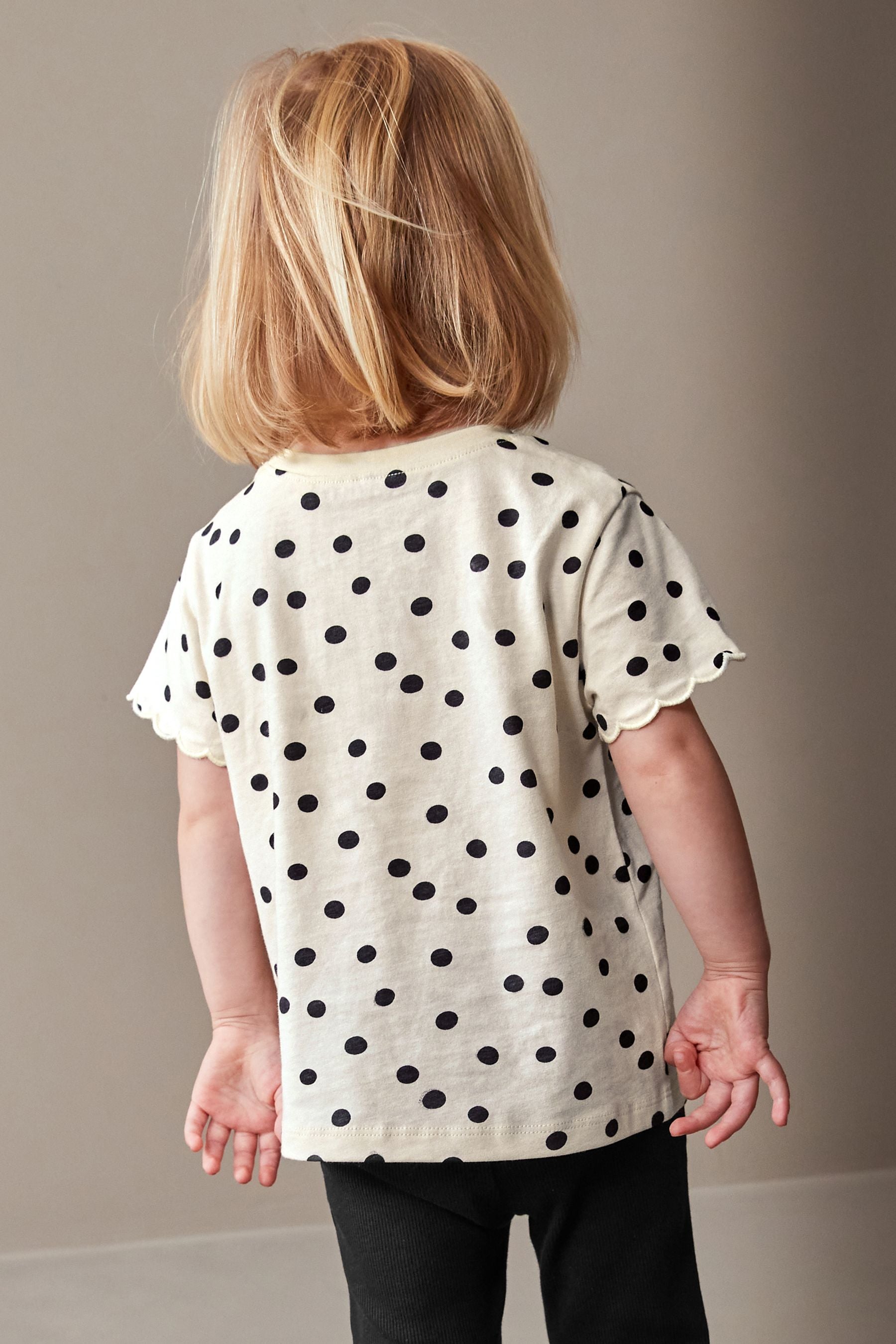 White Polka Dots Short Sleeve Scallop 100% Cotton T-Shirt (3mths-7yrs)