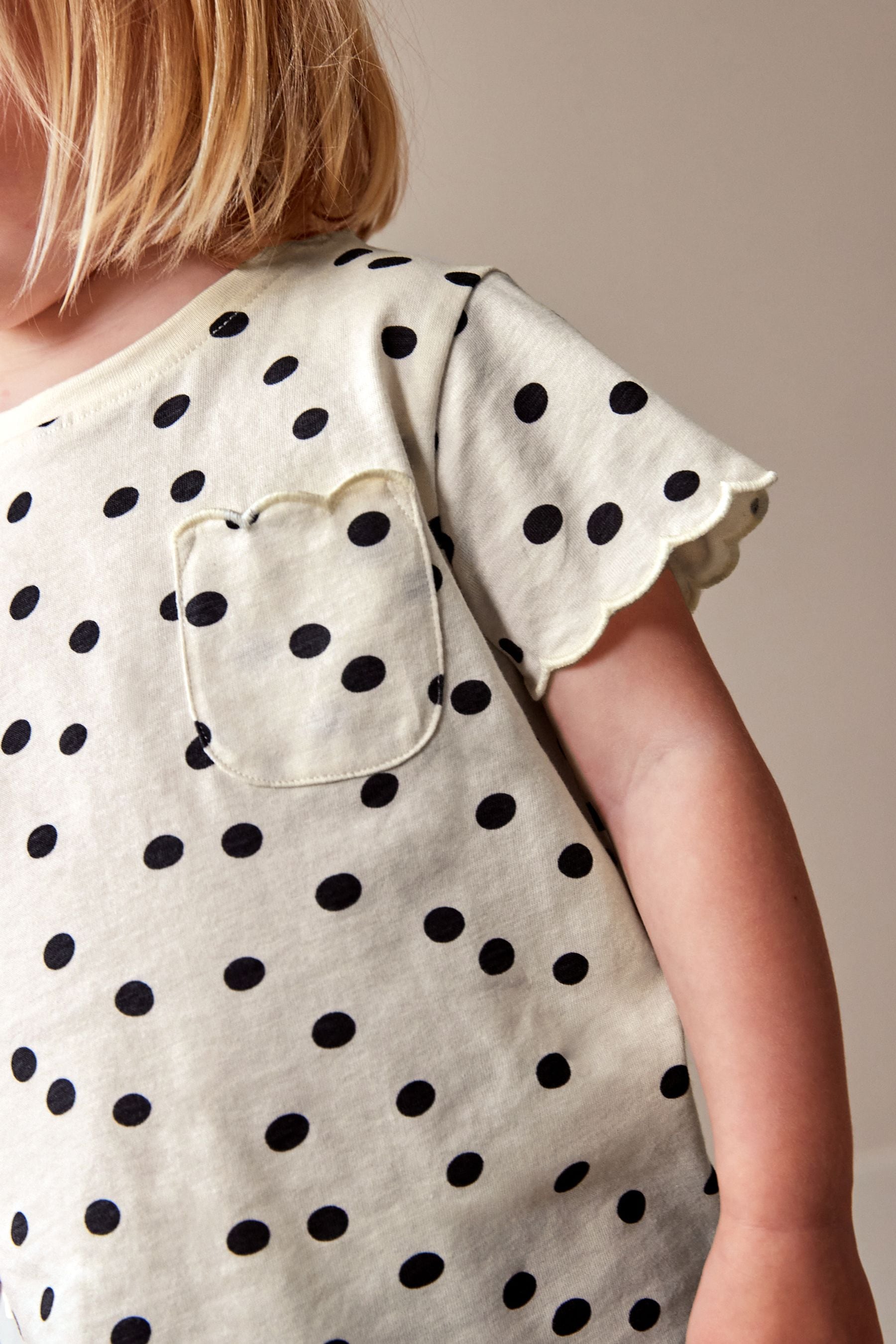 White Polka Dots Short Sleeve Scallop 100% Cotton T-Shirt (3mths-7yrs)