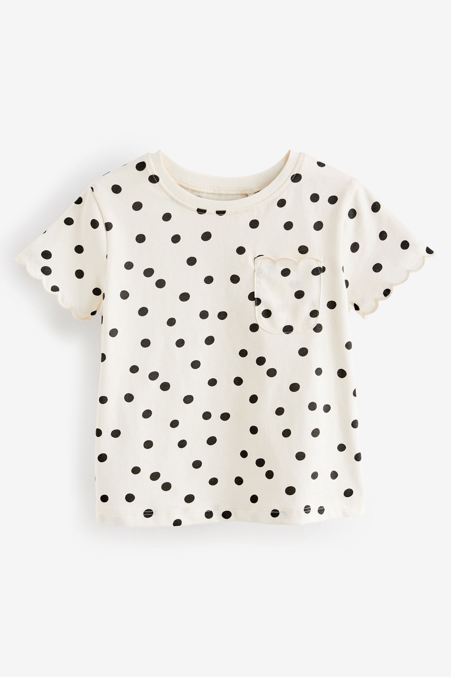 White Polka Dots Short Sleeve Scallop 100% Cotton T-Shirt (3mths-7yrs)