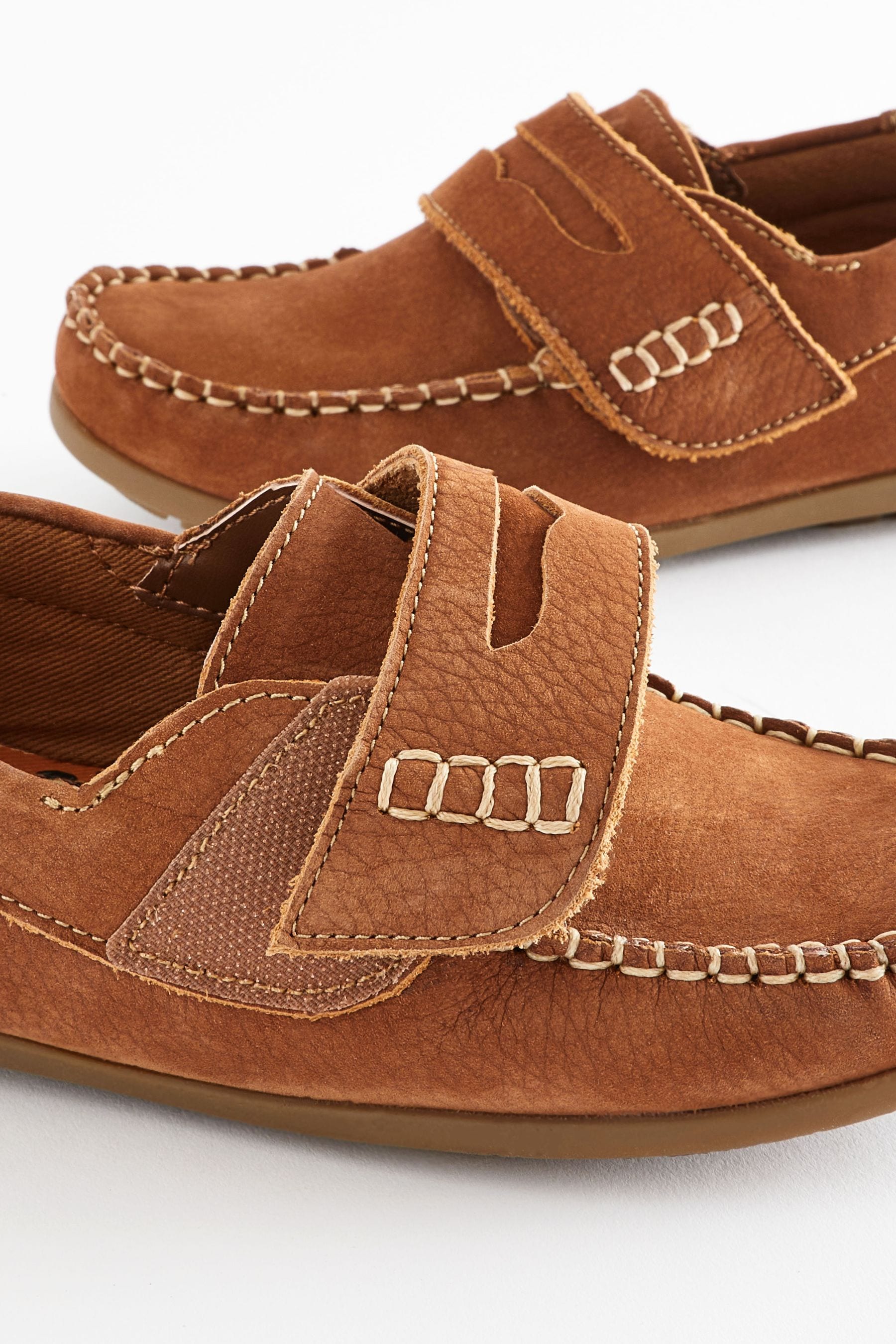 Tan Brown Wide Fit (G) Leather Penny Loafers with Touch and Close Fastening