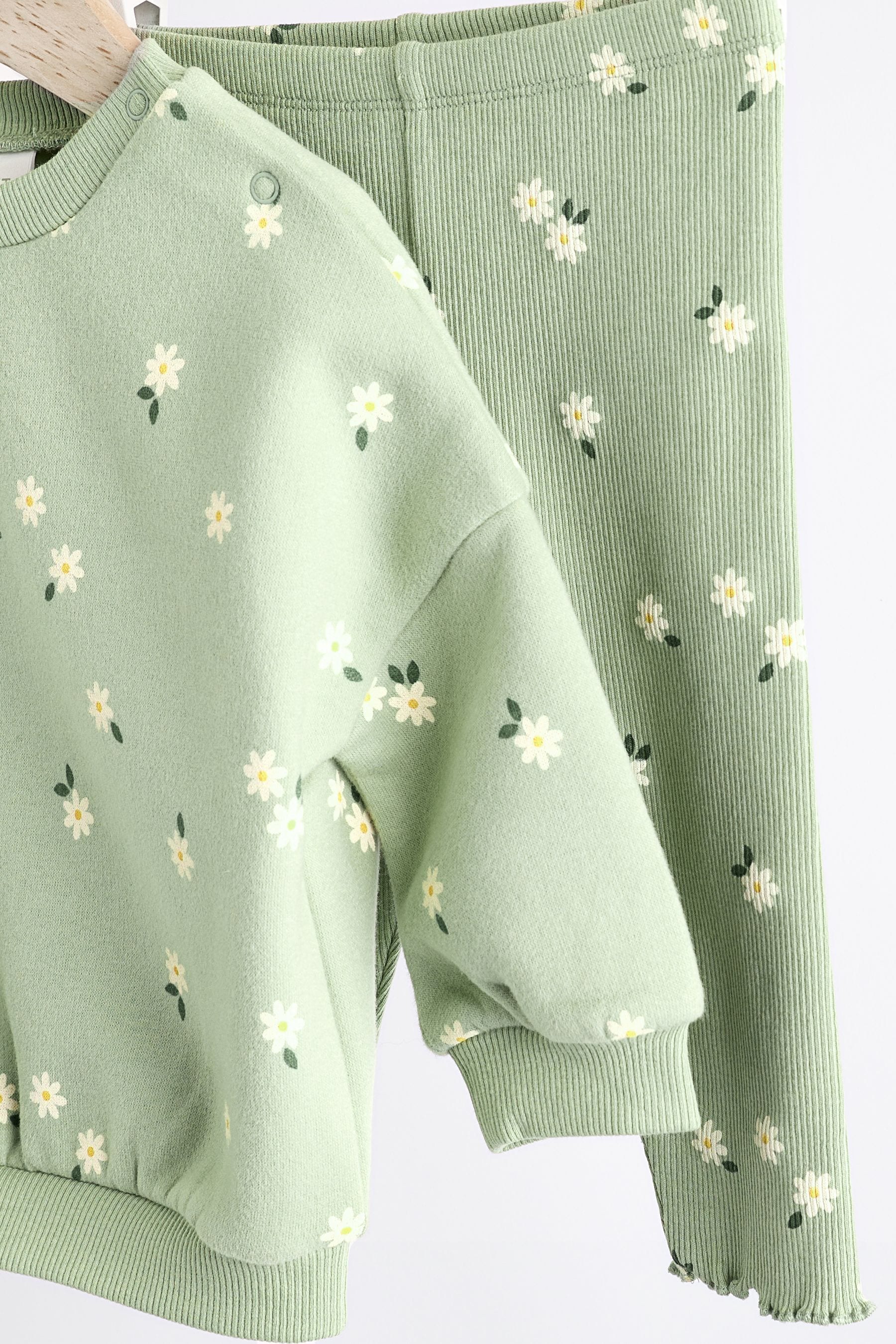 Green Daisy Print Baby Sweat Top And Leggings Set