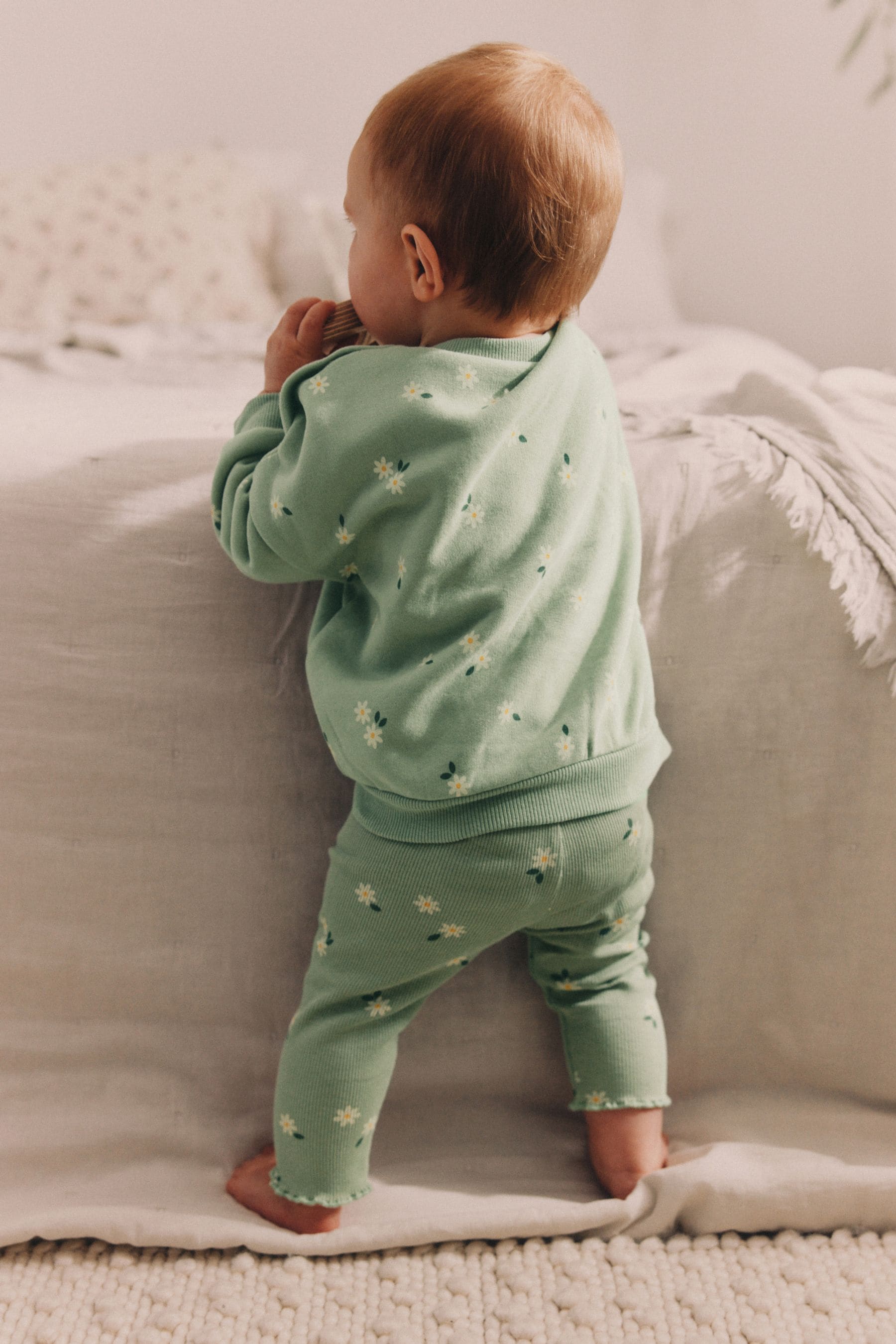 Green Daisy Print Baby Sweat Top And Leggings Set