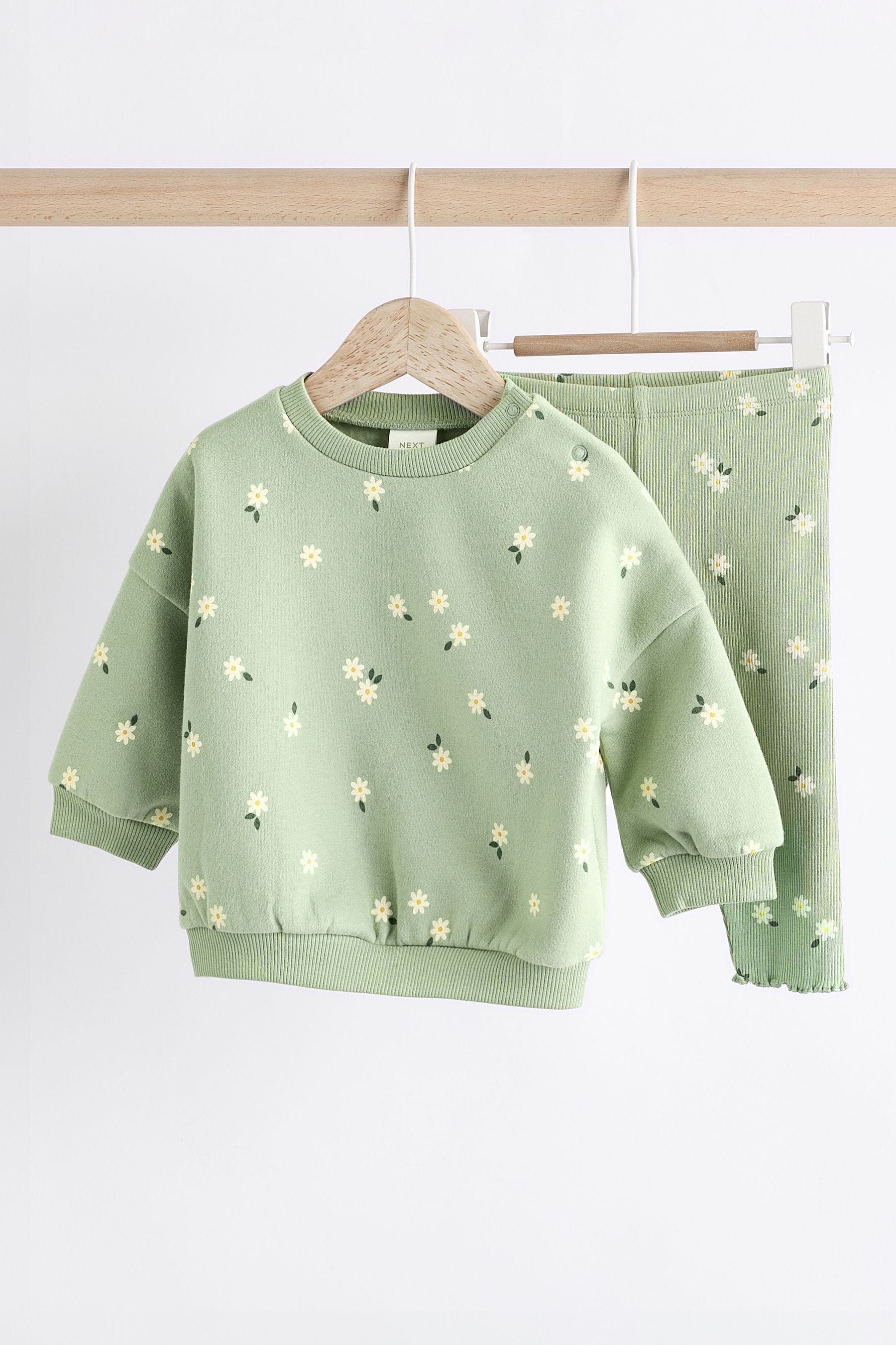 Green Daisy Print Baby Sweat Top And Leggings Set