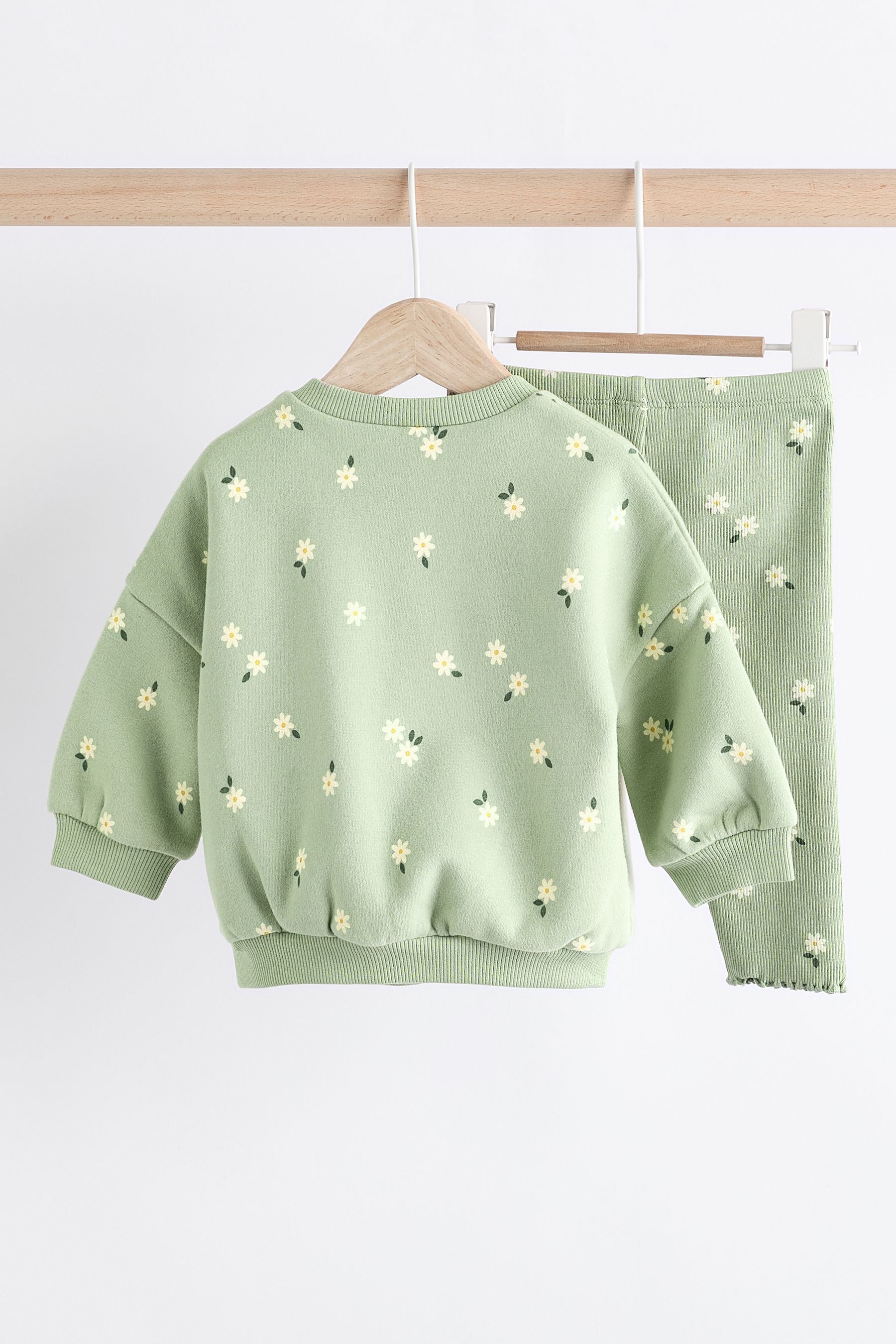 Green Daisy Print Baby Sweat Top And Leggings Set