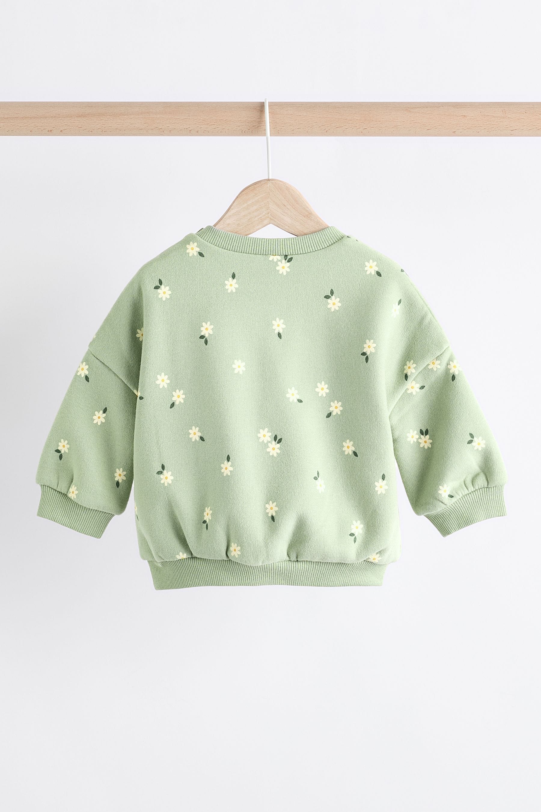 Green Daisy Print Baby Sweat Top And Leggings Set