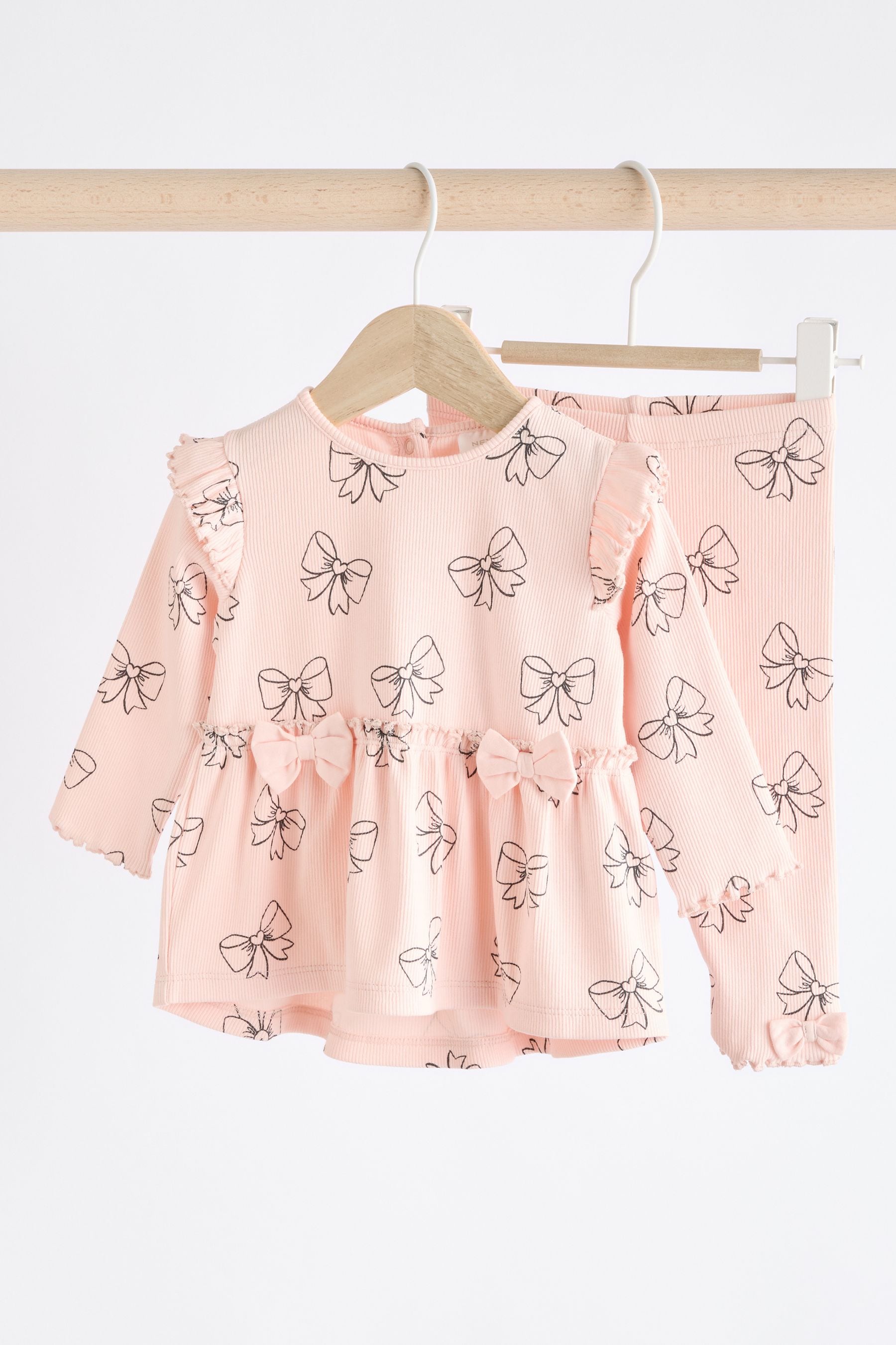 Pink Bow Print Baby Long Sleeve Frill Top And Leggings Set