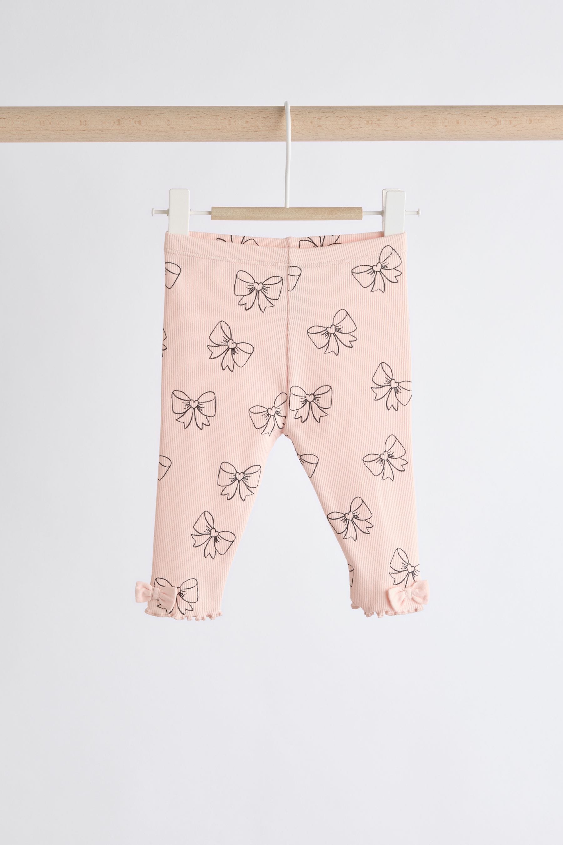 Pink Bow Print Baby Long Sleeve Frill Top And Leggings Set