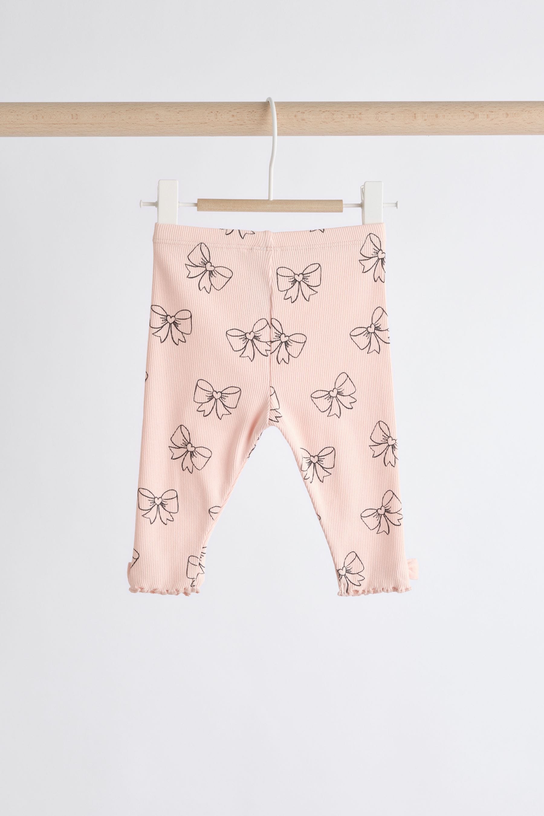 Pink Bow Print Baby Long Sleeve Frill Top And Leggings Set