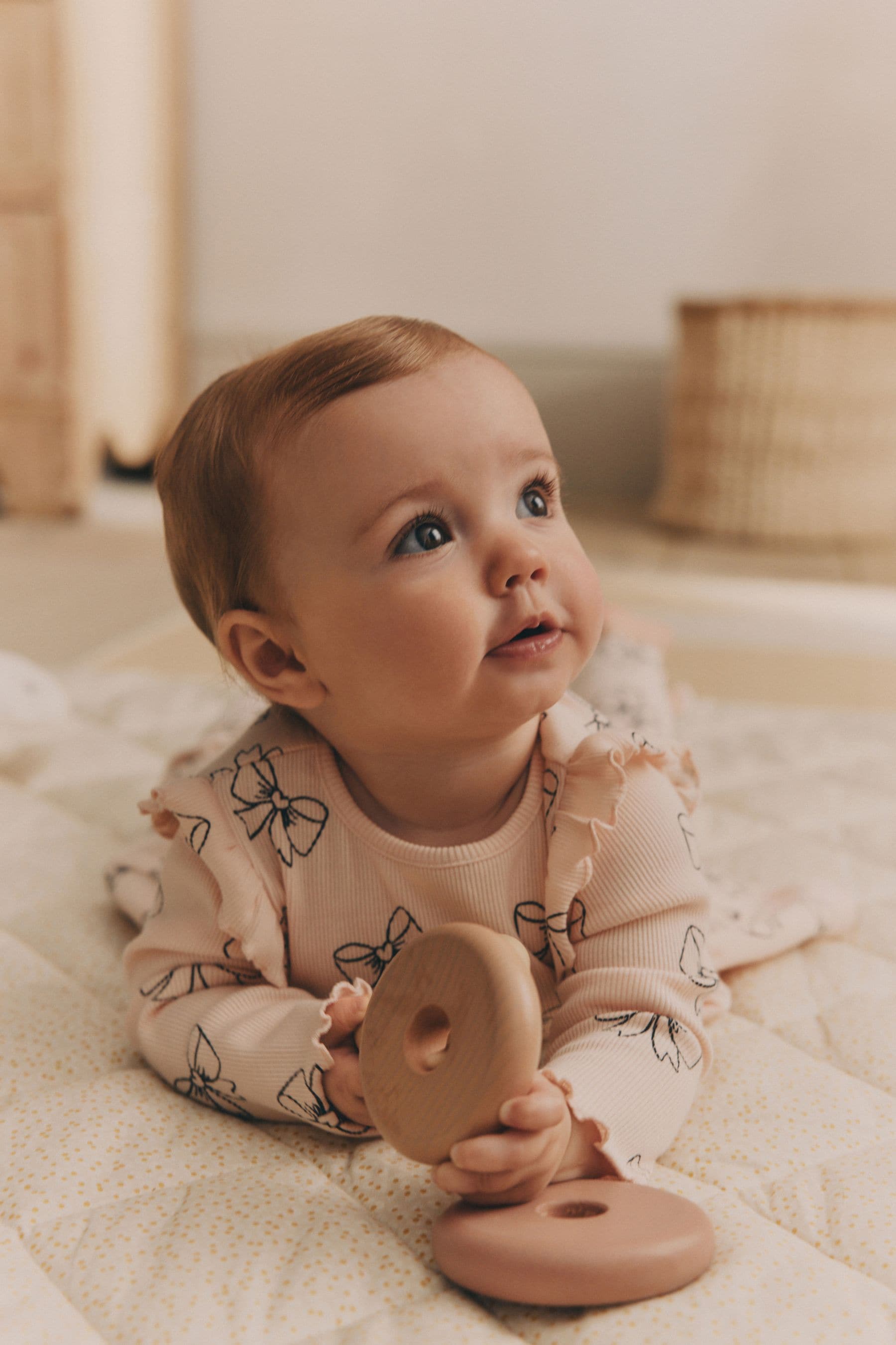 Pink Bow Print Baby Long Sleeve Frill Top And Leggings Set