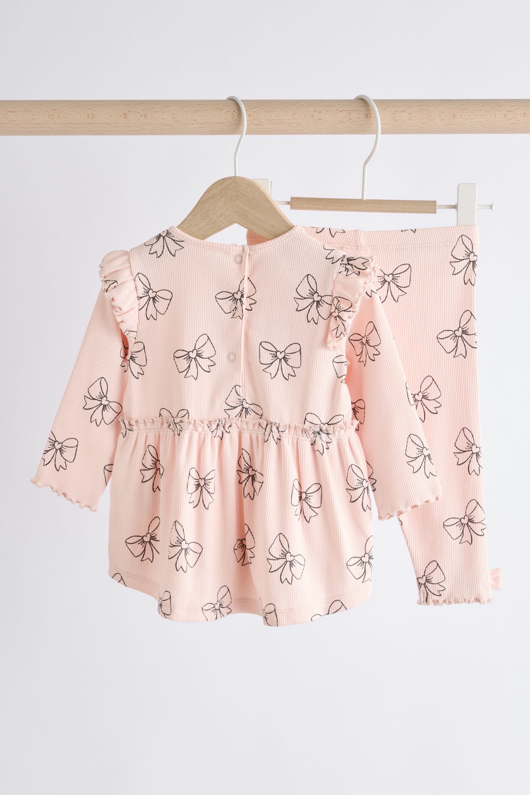 Pink Bow Print Baby Long Sleeve Frill Top And Leggings Set