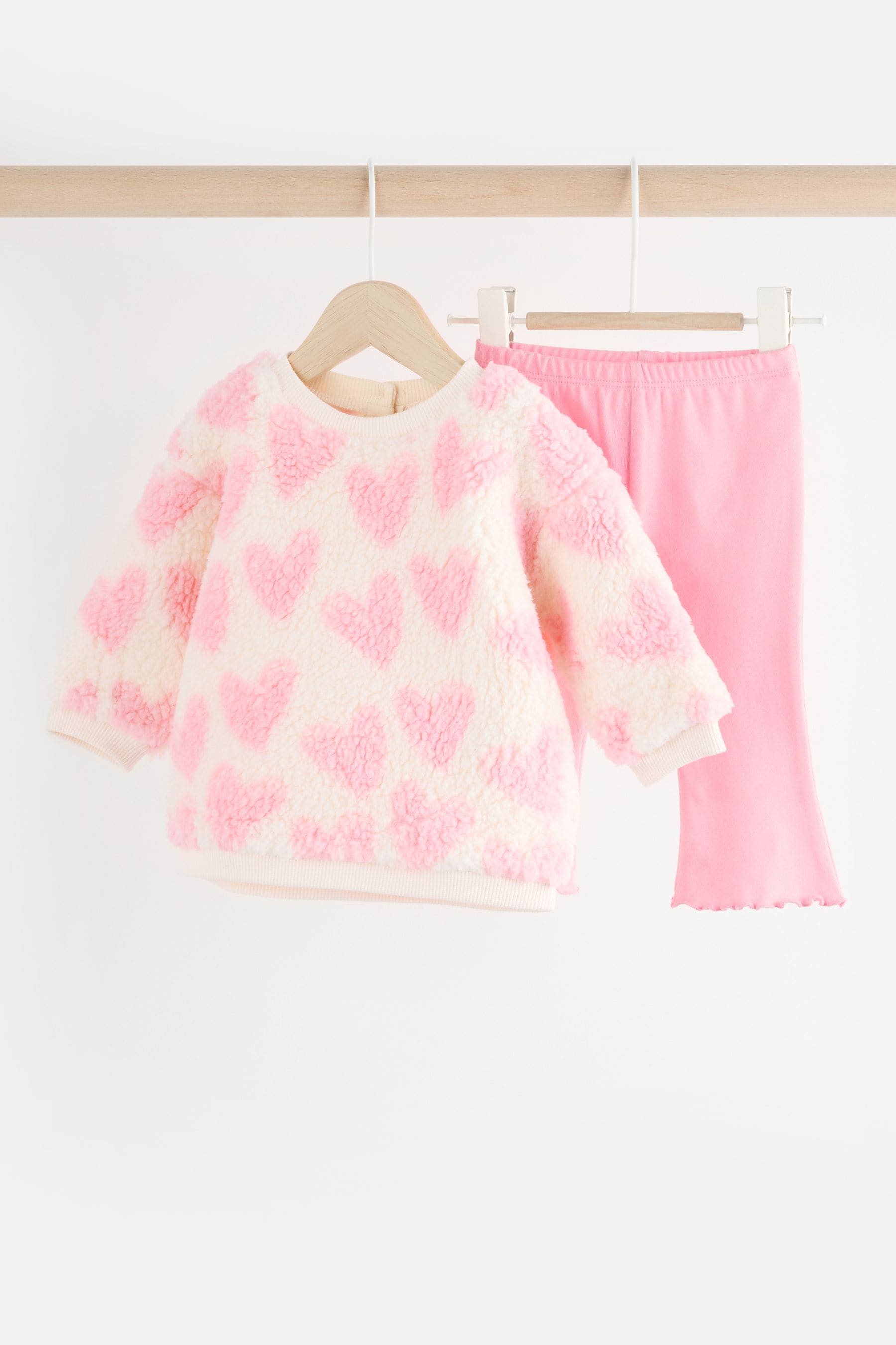 Pink/White Heart Print Fleece Jumper and Leggings 2 Piece Set