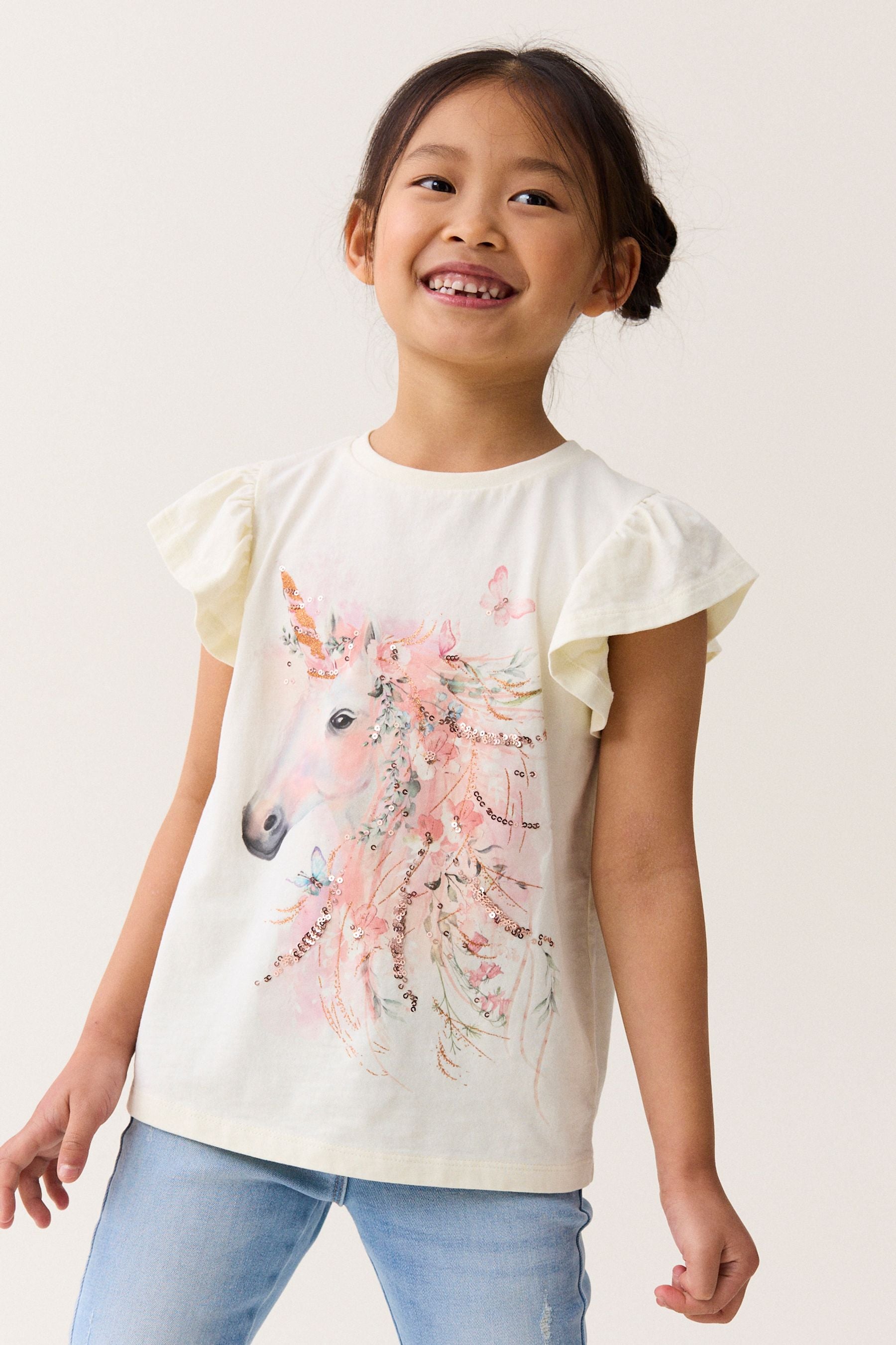 Pink/Orange/Blue Sequin Unicorn 4 Pack Frill Sleeve T-Shirts (3-16yrs)