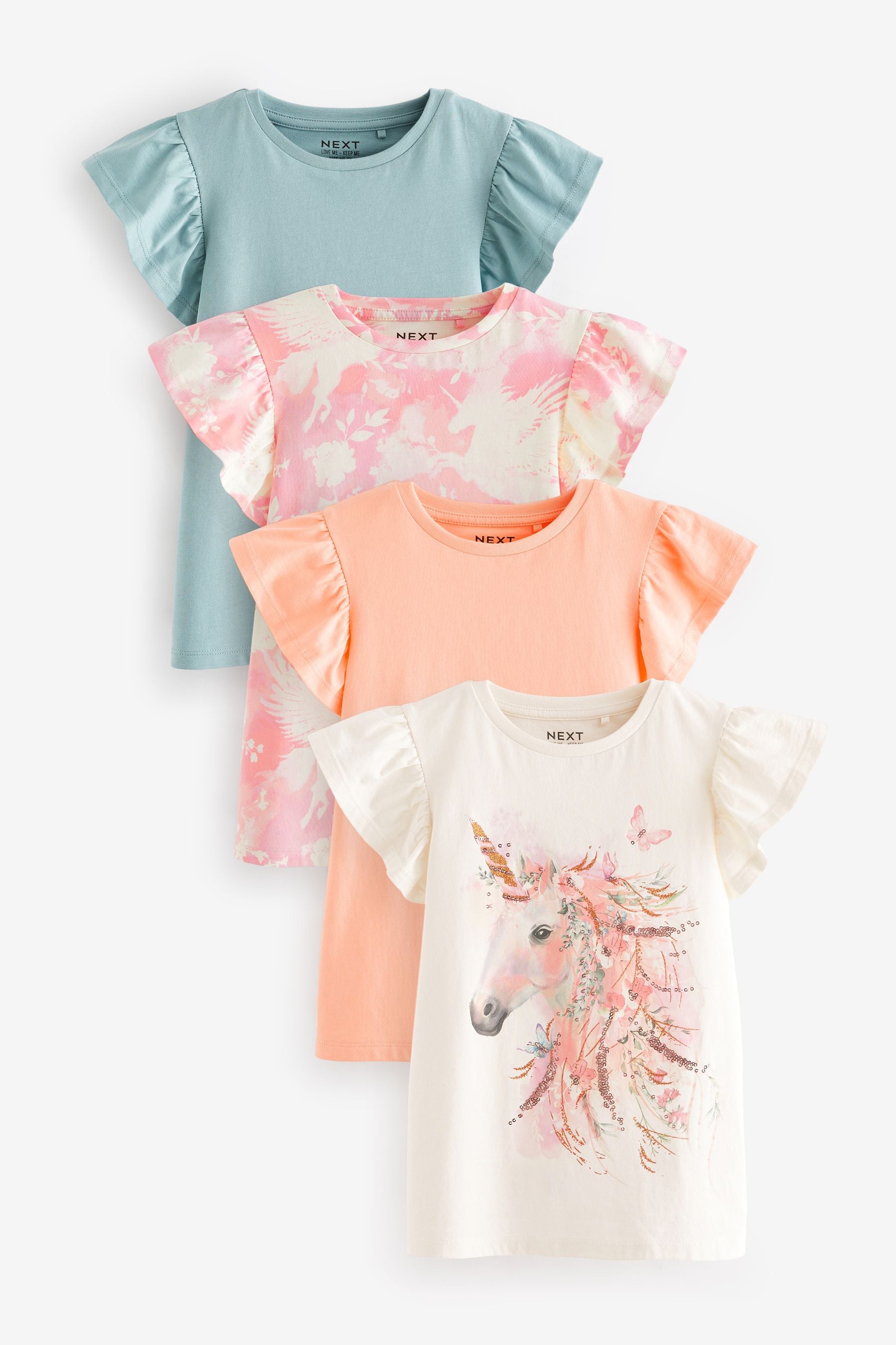 Pink/Orange/Blue Sequin Unicorn 4 Pack Frill Sleeve T-Shirts (3-16yrs)