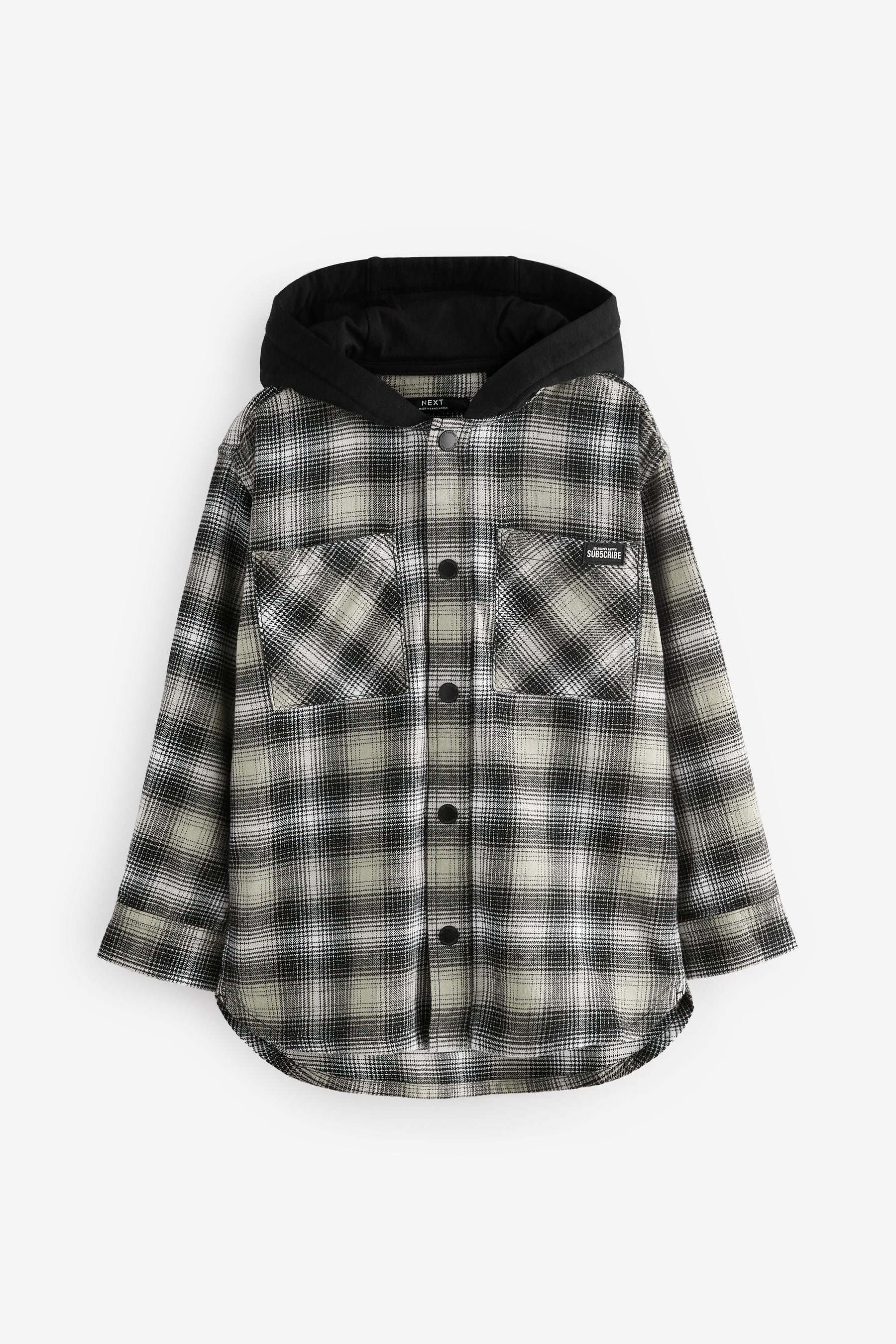 Black/White Long Sleeve Check Hooded Shirt (3-16yrs)