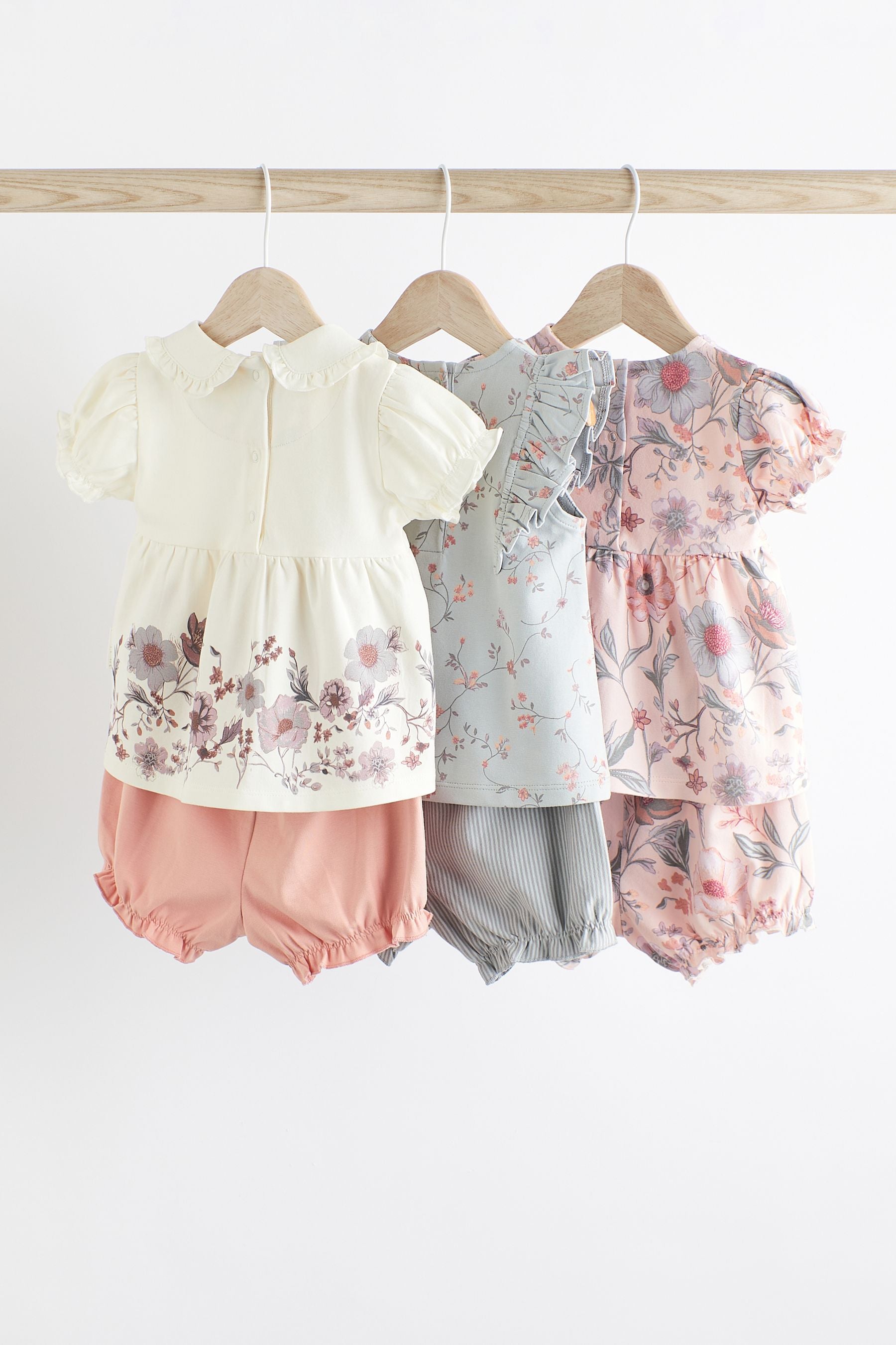 Pink/White Floral Baby 3 Pack T-Shirts and Shorts Set