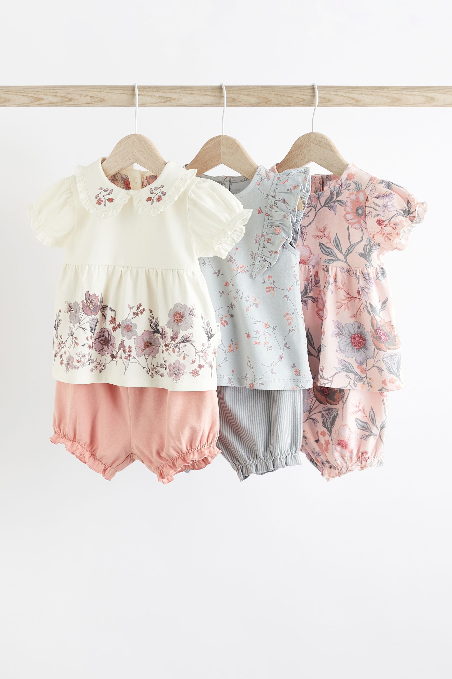 Pink/White Floral Baby 3 Pack T-Shirts and Shorts Set