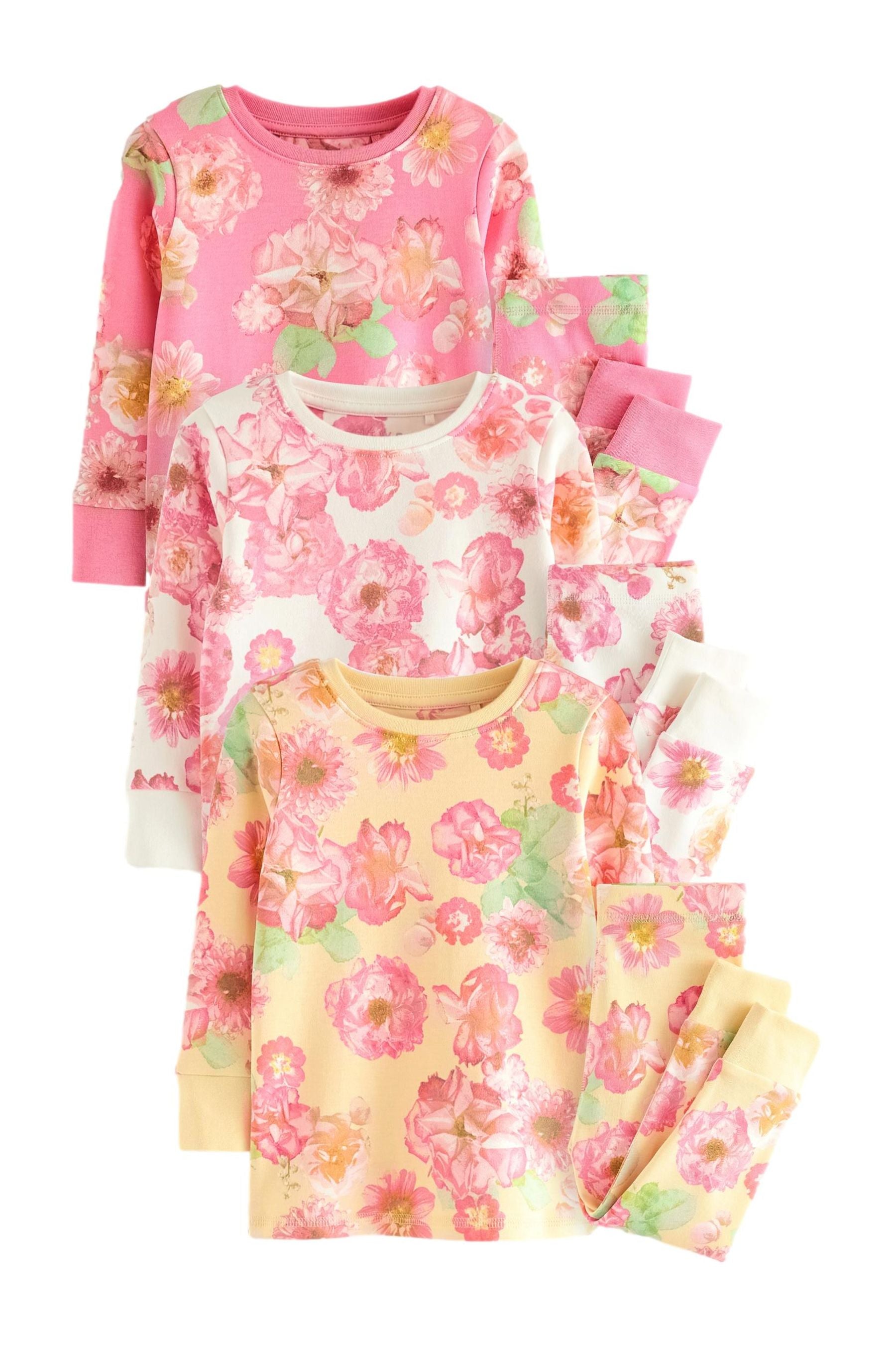 Pink/Yellow 100% Cotton Floral Snuggle Pyjamas 3 Pack (9mths-16yrs)