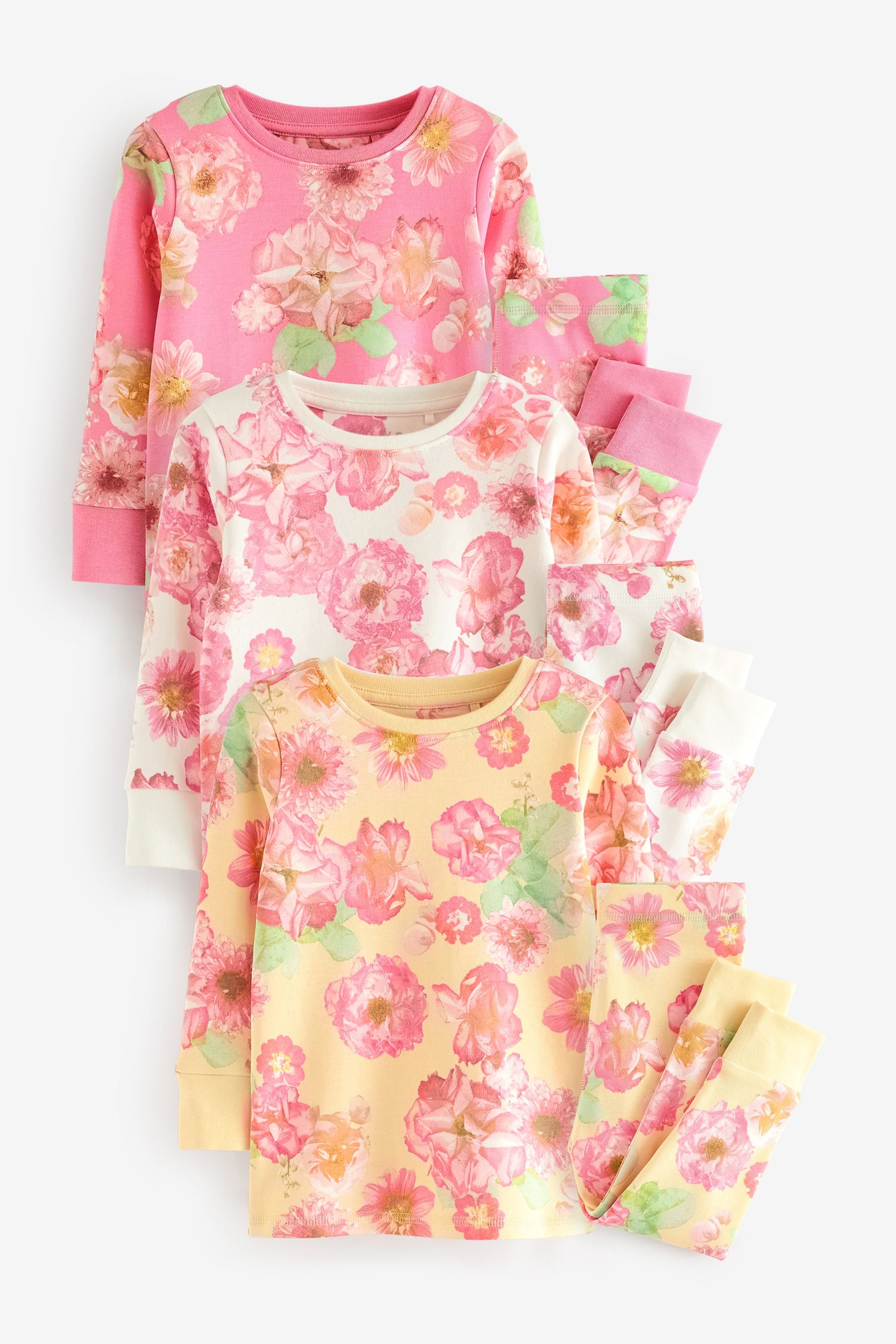 Pink/Yellow Floral Pyjamas 3 Pack (9mths-16yrs)