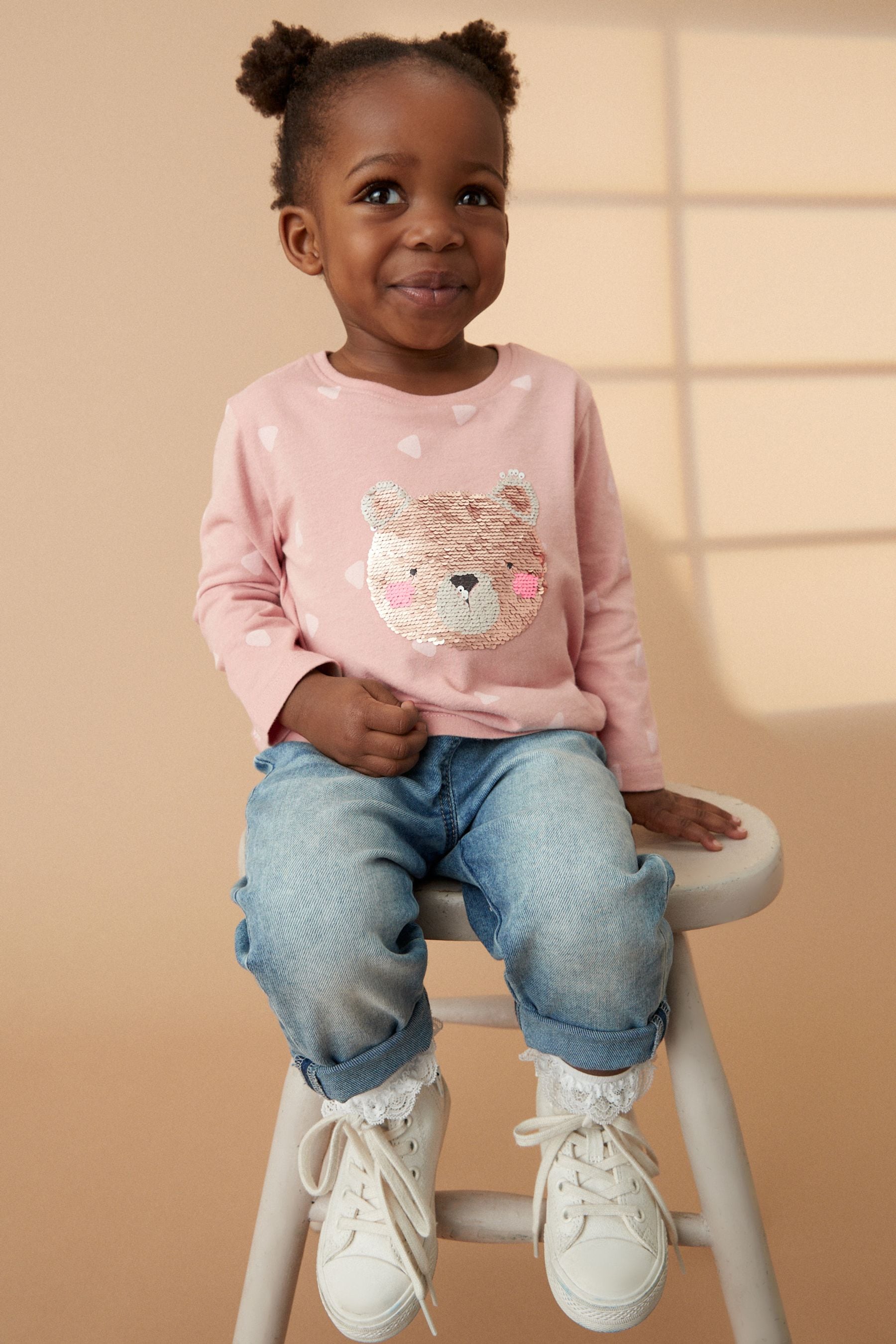 Pale Pink Bear Long Sleeve Sequin T-Shirt (9mths-7yrs)