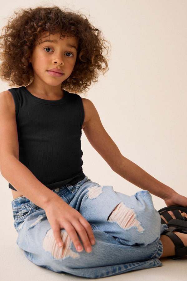 Black Boxy Rib Vest (3-16yrs)