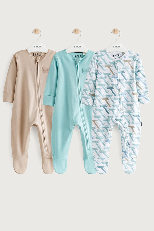 Baker by Ted Baker Blue/Stone 100% Cotton Sleepsuits 3 Pack