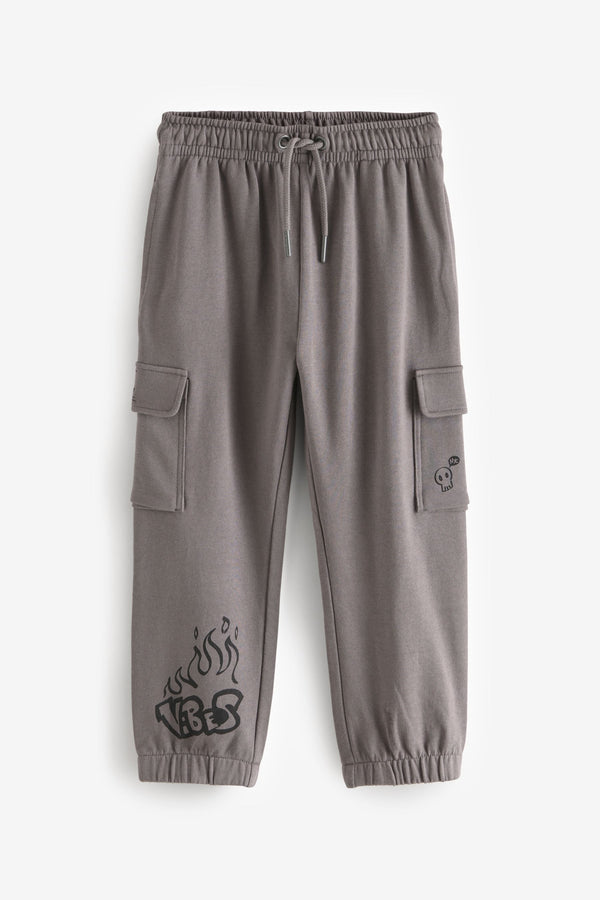 Slate Grey Graphic Print 100% Cotton Cargo Joggers (3-16yrs)