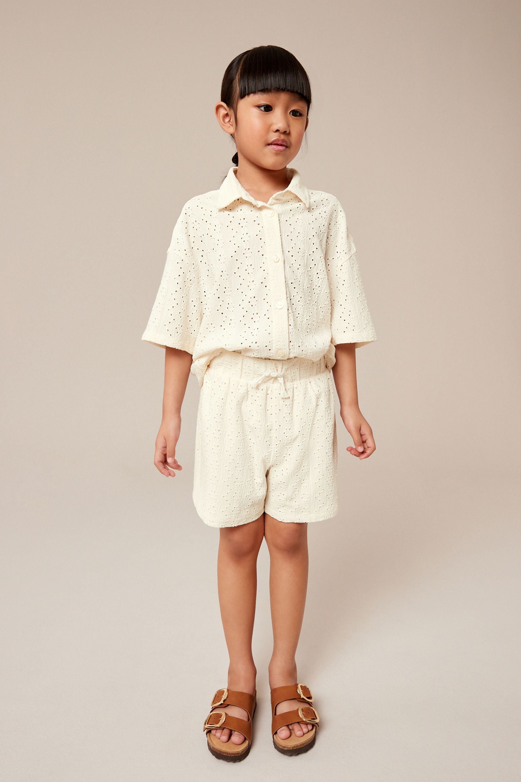 Ecru Cream Oversized Textured Shirt And Shorts Set (3-16yrs) (3-16yrs)